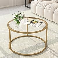 Round Gold Glass Coffee Table for Small Spaces, 27" Modern Center Table with Tempered Glass Top & Metal Frame, Easy Assembly for Living Room