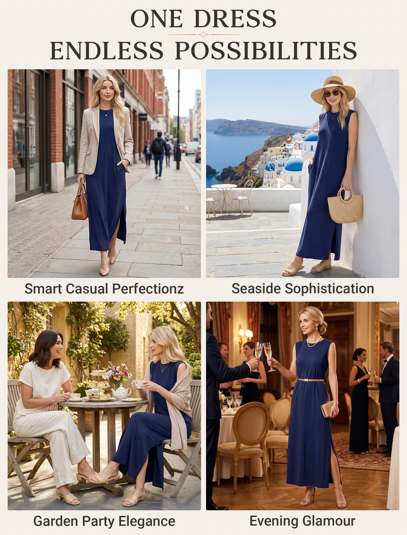Enmain Vestido Largo Verano Mujer Sin Mangas Cuello Redondo con Bolsillos Laterales y Fisiones Vestidos Casual para Mujer Elástica Antiarrugas Informal Elegante Clásico Color Liso Tallas S-3XL
