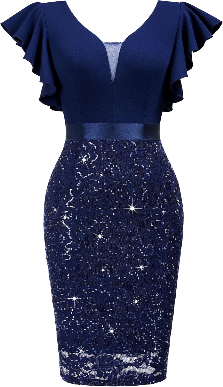 Miusol Women's Deep V Neck Ruffle Sleeve Glitter Sequined Floral Lace Cocktail Party Dress - Image 4