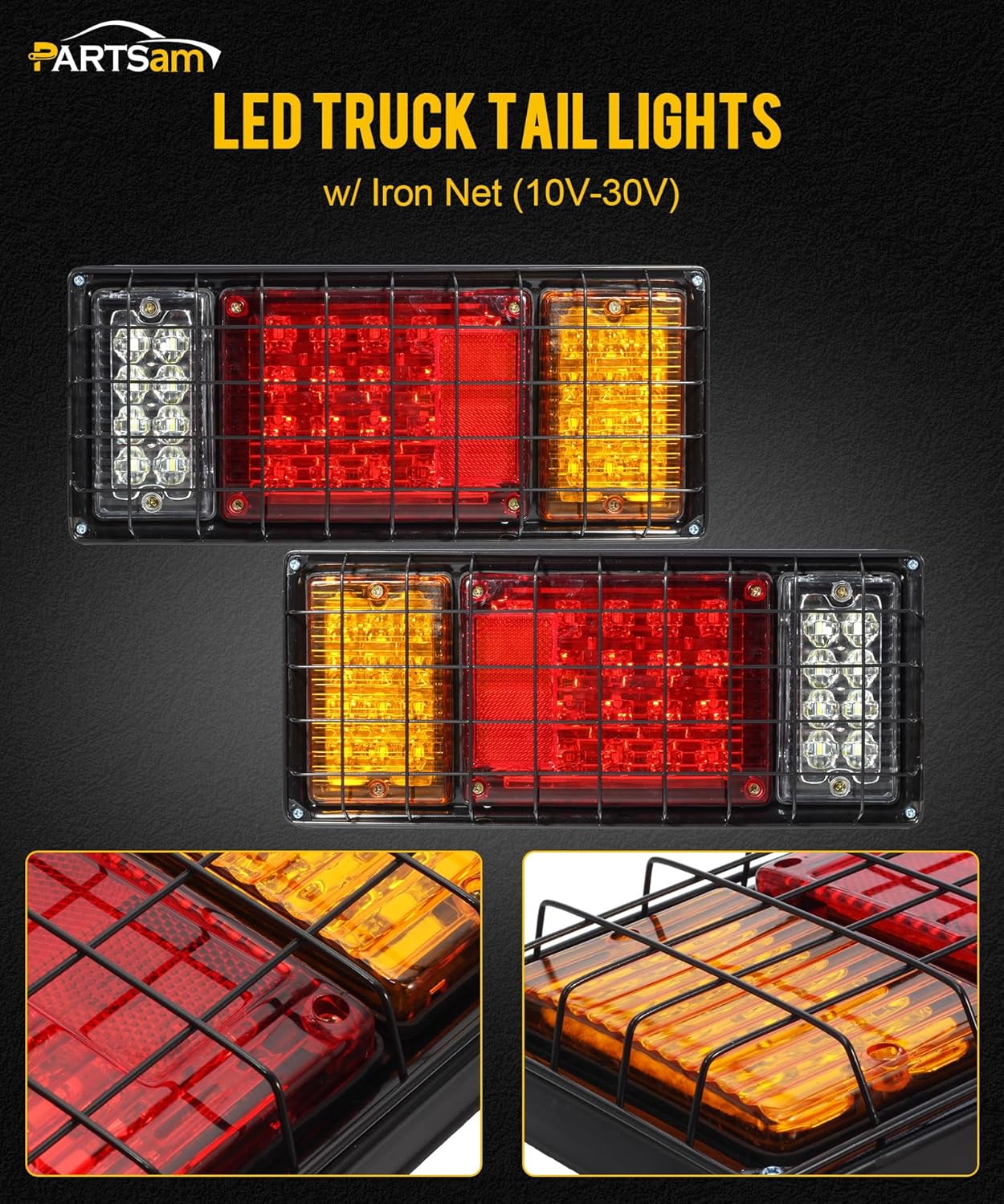Partsam 2Pcs LED Truck Trailer Tail Lights Bar Kit 40 LED Waterproof Tail Turn Signal Brake Light Running Reverse Light with Iron Net Protection 5 Wires 10V-30V for Truck Boat Trailer UTV RV Camper