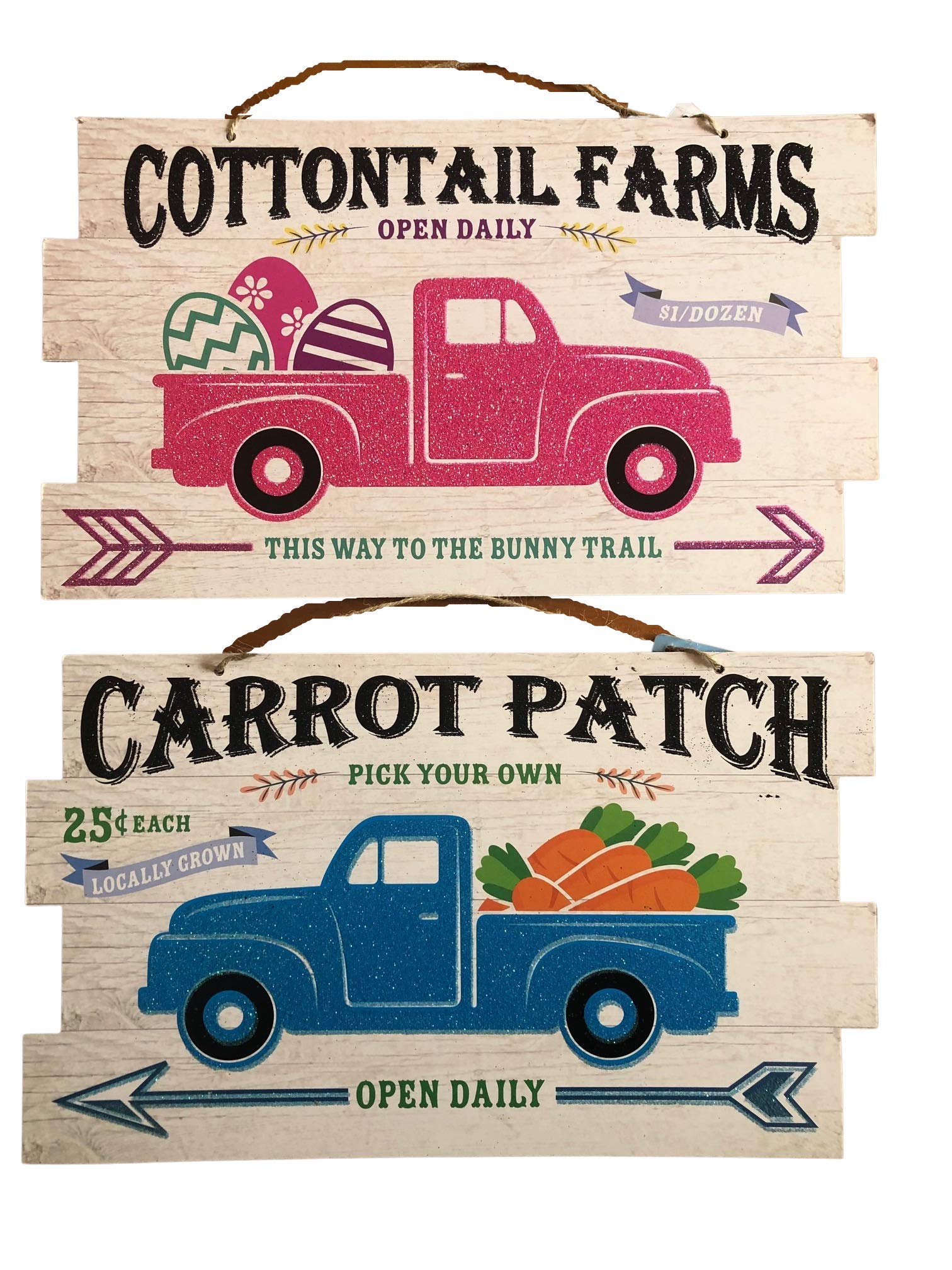 GreenbriarSet of 2 Easter Signs Glitter Trucks, Cottontail Farms and Carrot Patch Easter Decor for The Home
