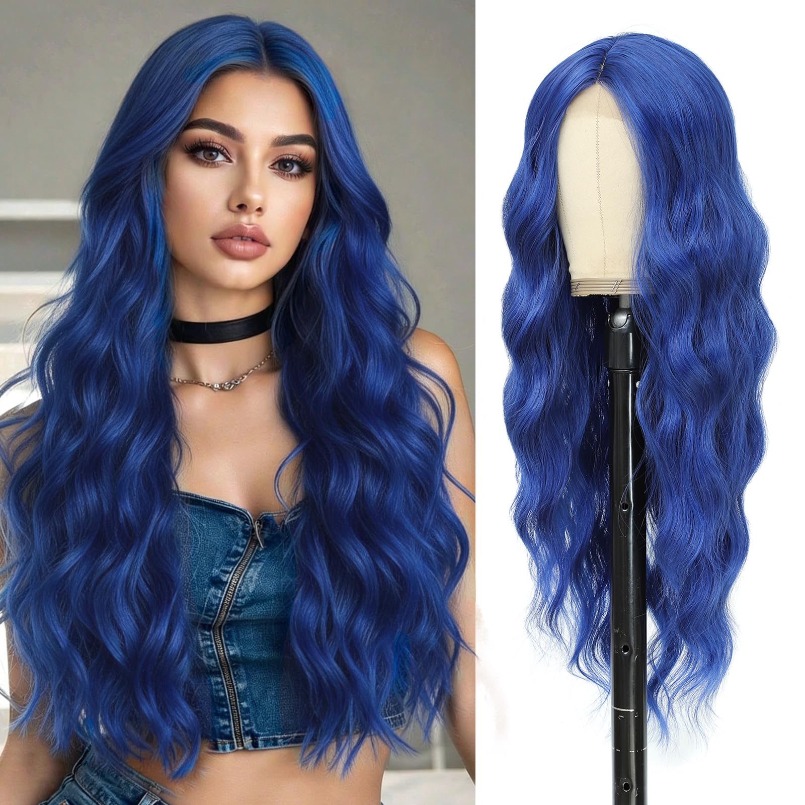Angzon Dark Blue Wig 26 Inch Long Wavy Wig for Women - Heat Resistant Synthetic Hair Middle Part Curly Wig Natural Look for Daily Party Cosplay