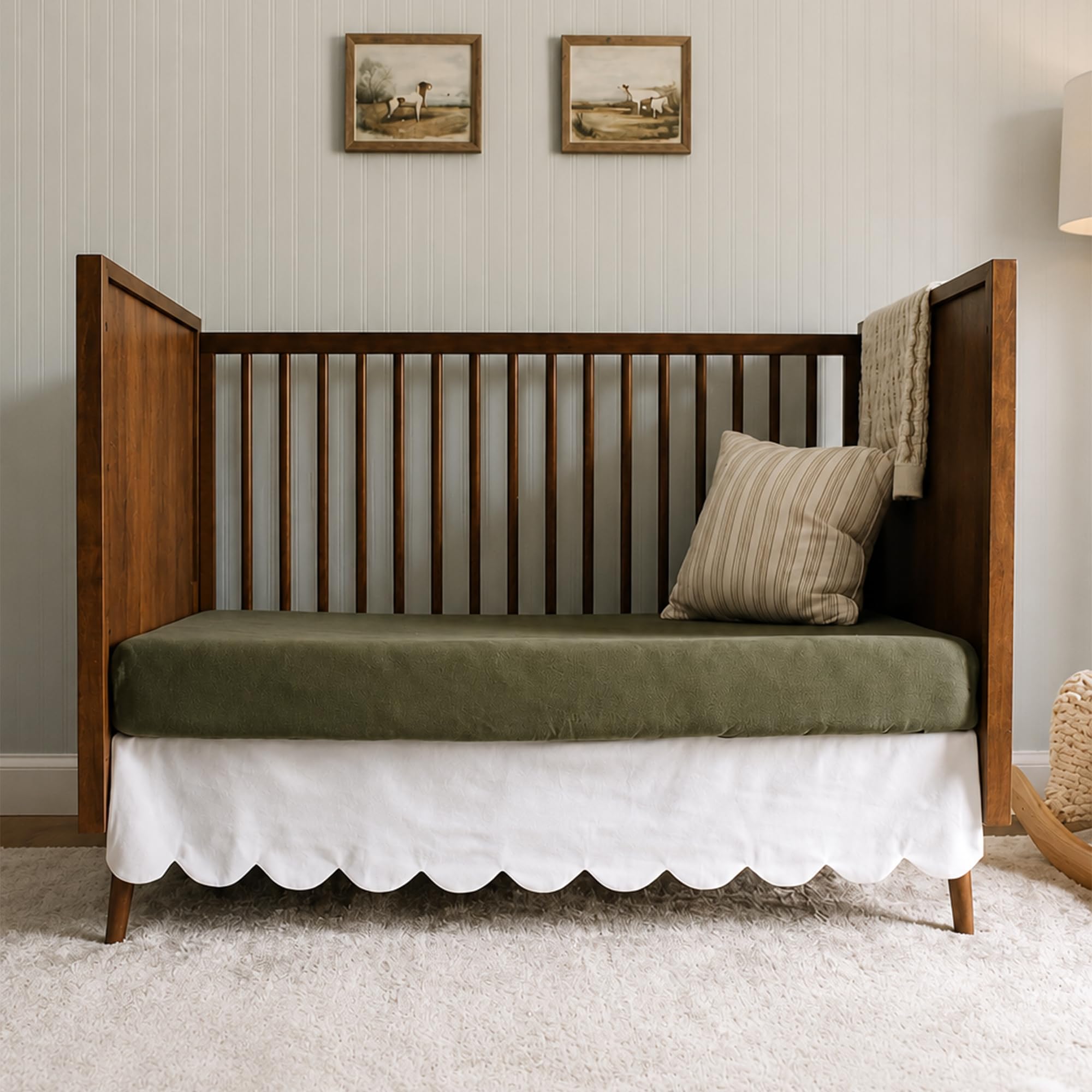 White Scalloped Crib Skirt Ruffle (One-Sided Add-On), Adjustable Linen Cotton Blend, Neutral Baby Bedding for Boys and Girls, Elegant Nursery Decor Skirt