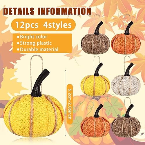 Miniatura 3 de 12 piezas de mini adornos colgantes de calabaza de otoño para árbol de 2.05 pulgadas, tela de arpillera, calabaza, Acción de Gracias, decoración