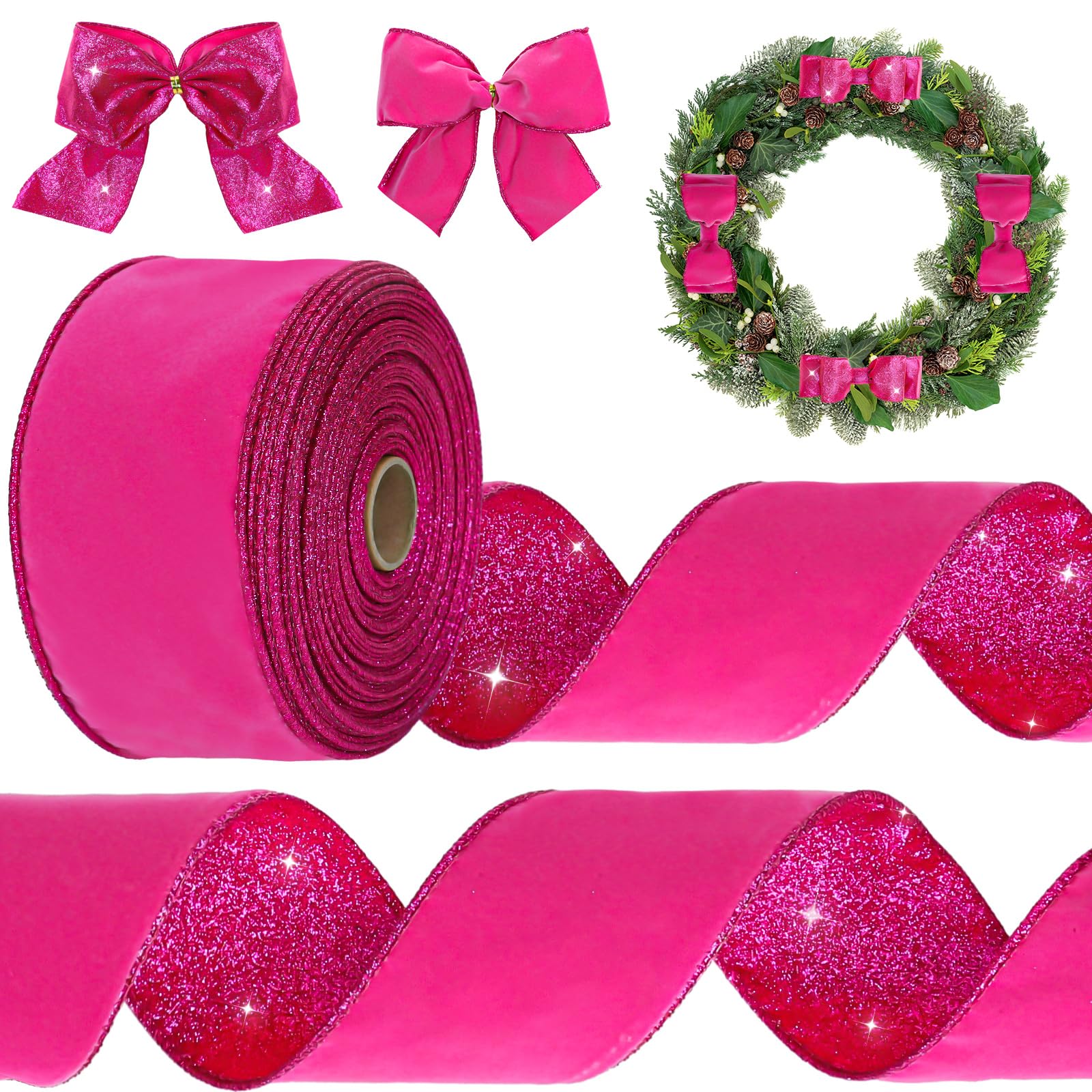 JarThenaAMCS Winter Hot Pink Velvet Wired Edge Ribbon 2.5 Inch 20 Yards Double Sided Christmas Glitter Craft Ribbon for Xmas Tree Bow Wreath Gift Wrap