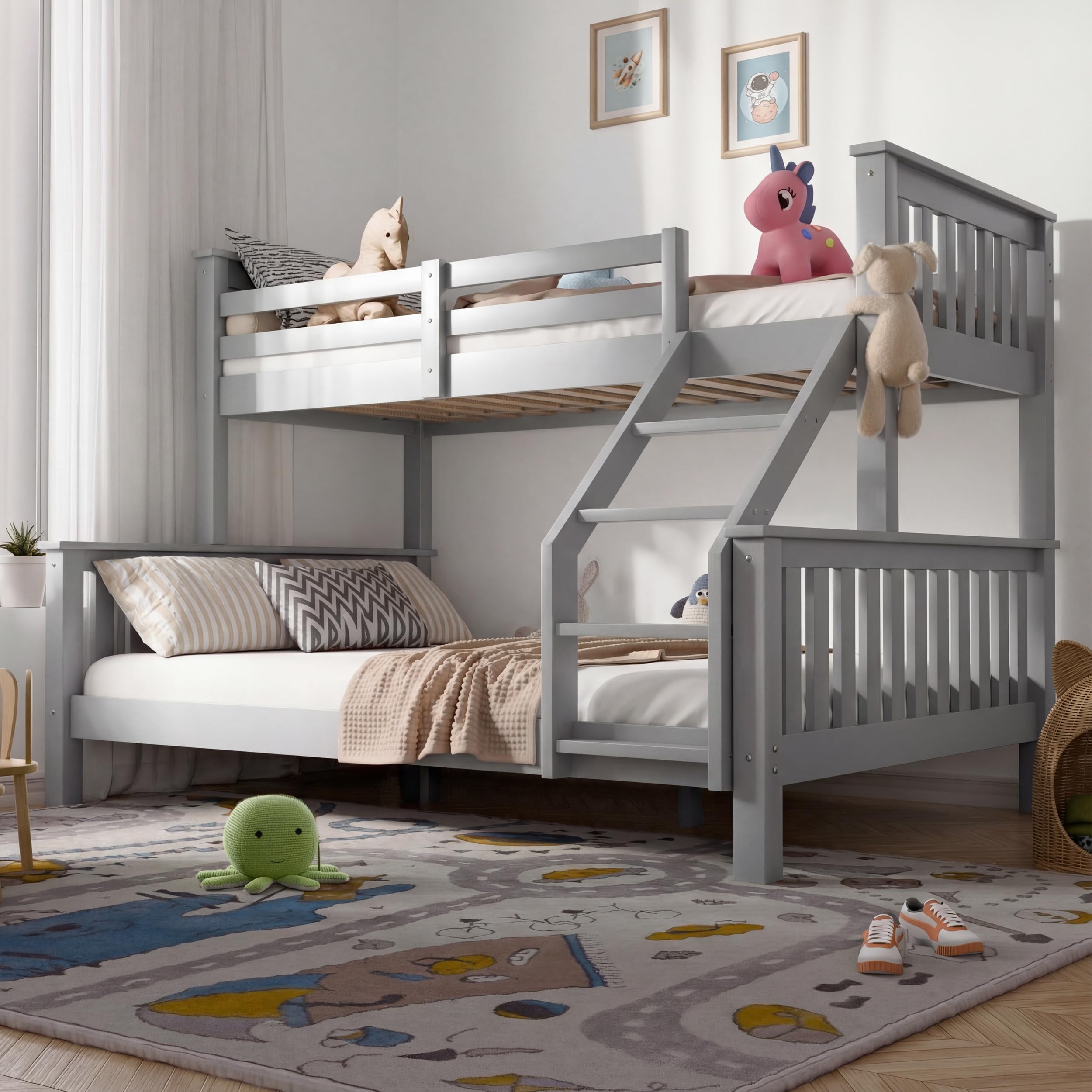 Blisswood Triple Bunk Bed, 4ft6 Double & 3ft Single Wooden Bunk Beds Solid Pine Wood Frame Wooden Bunk Beds With Ladder Triple Sleeper Kids Bunk Bed (Grey, L198cm x W143cm x H146)