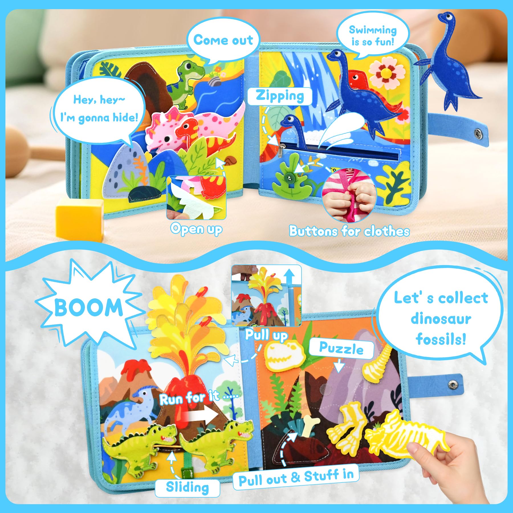 Busy Board od 1, 2, 3 lata, motyw dinozaurów, zabawka, zabawka Montessori, do podróży, samochodu, samolotu, zajęć edukacyjnych dla małych dzieci, busy Book prezent urodzinowy