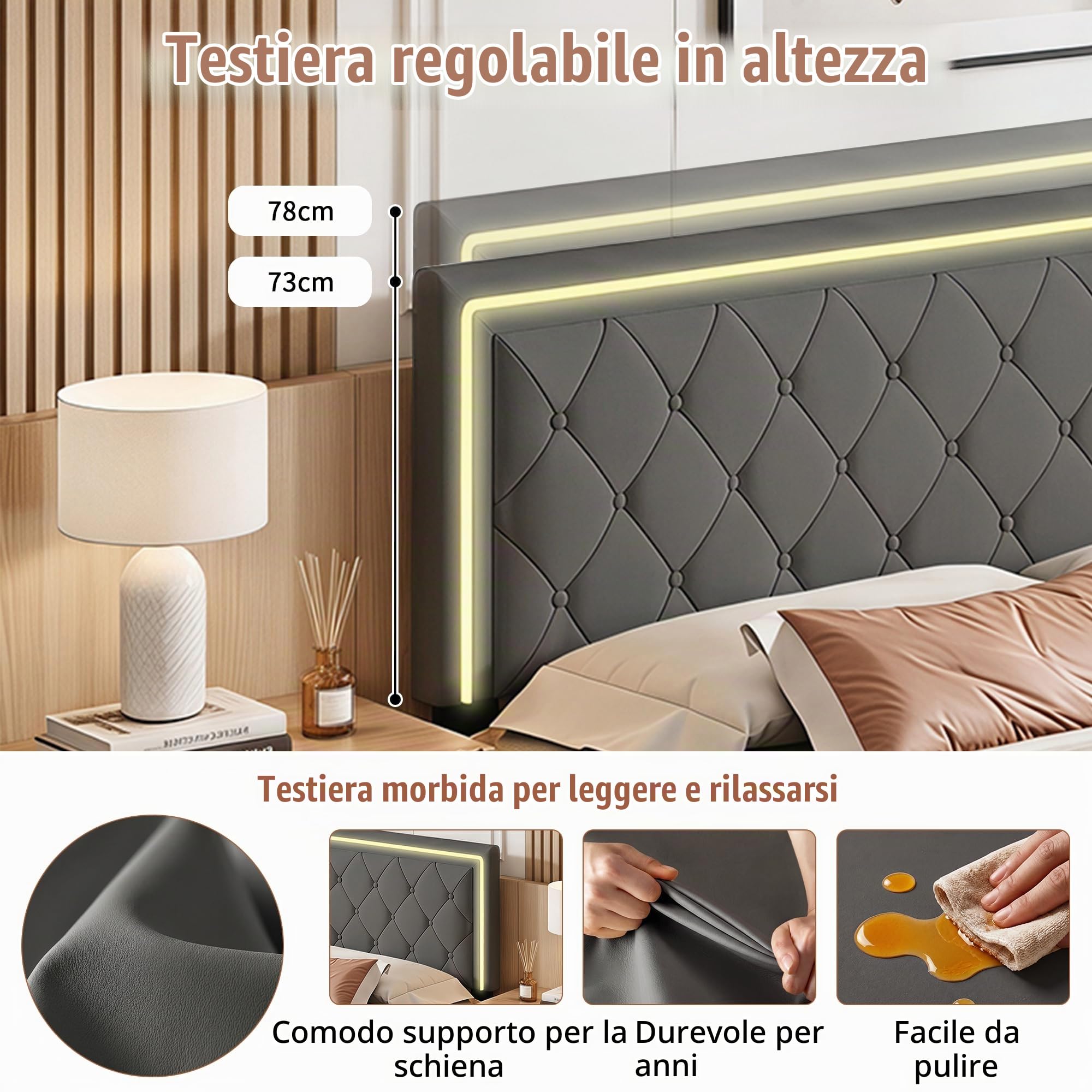 BRILVERDE Letto Imbottito 140x200 con Contenitore, Letto Matrimoniale con USB, con 4 cassetti, con testiera, Struttura Letto con Rete a doghe, PU (Grigio, 140 x 200 cm)