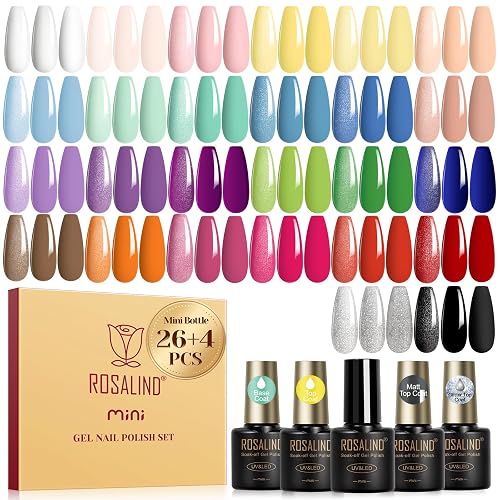 ROSALIND 30pcs Pastel Gel Nail Polish Set with Base Coat and Gel Top Coat | 26 White Green Blue Colors Gel Polish,3Pcs Glossy Matte Glitter Top Coat,Base Coat,Bright Nail Gel Polish Soak Off for Women