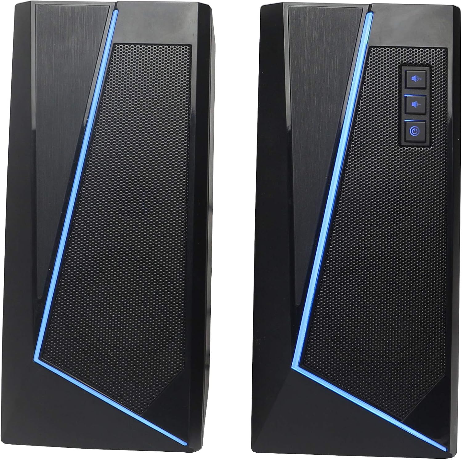 Front view of two WE PC Speakers with blue RGB lighting