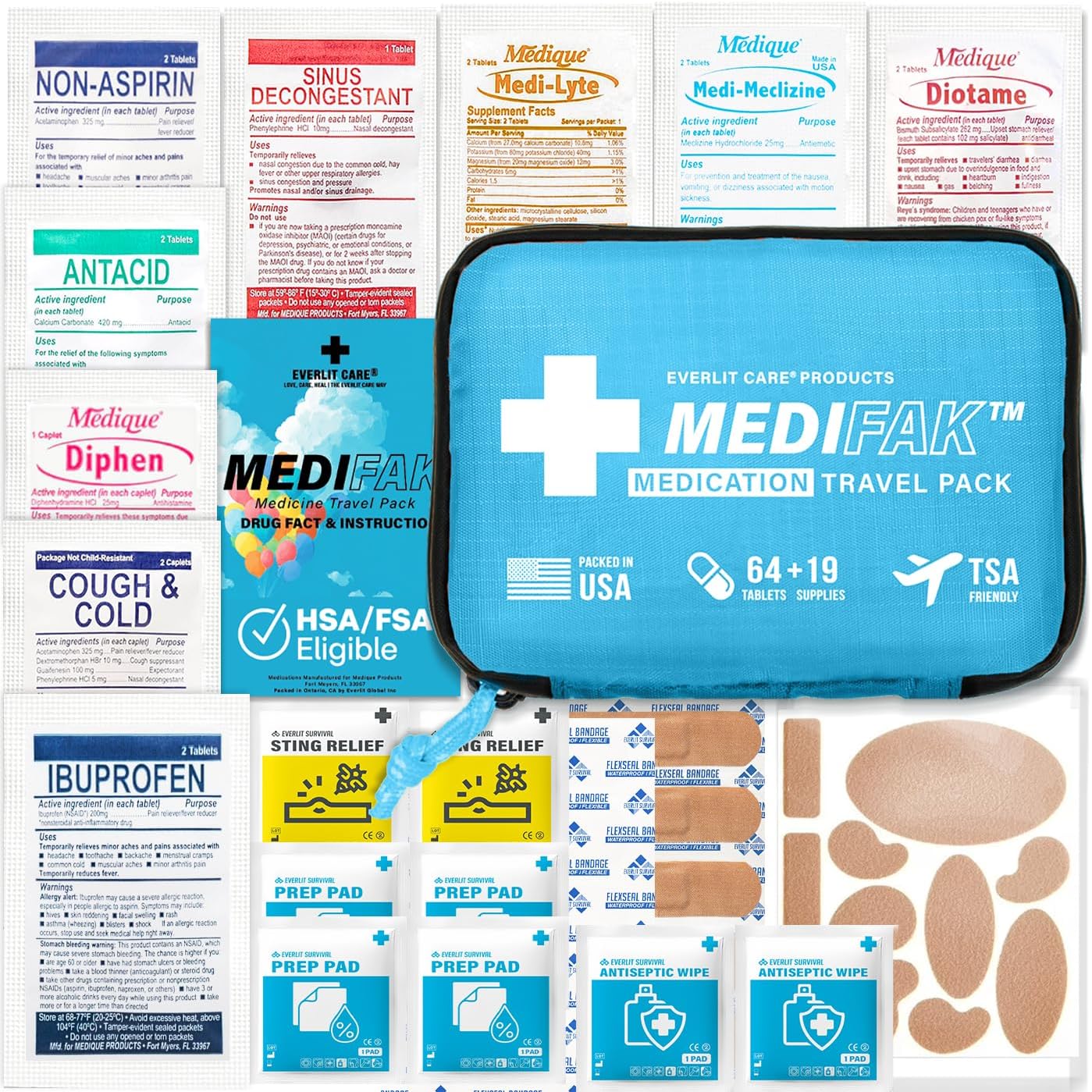 EVERLIT CARE Travel Essential Medicine First Aid Kit I Bonus Medical Supplies I TSA Compliant Mini Size Medkit for Traveling Camping Trips Individually Packed 64 Tablets (Blue)