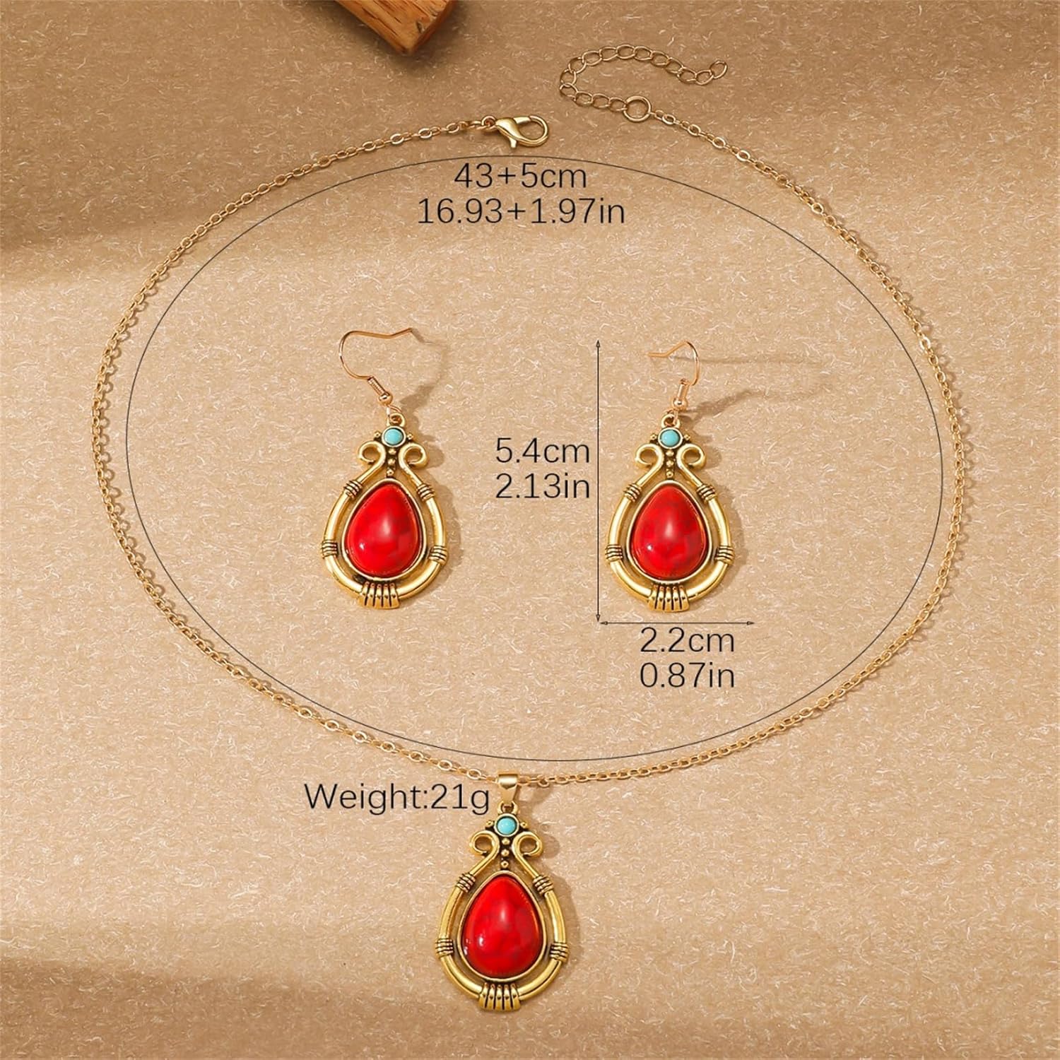 Handmade Teardrop Turquoise Earrings Necklace Set for Women Bohemia Tribal Antique Ethnic Style Earring Delicate Teardrop Gemstone Dangle Drop Statement Earrings Western Jewelry - Image 8