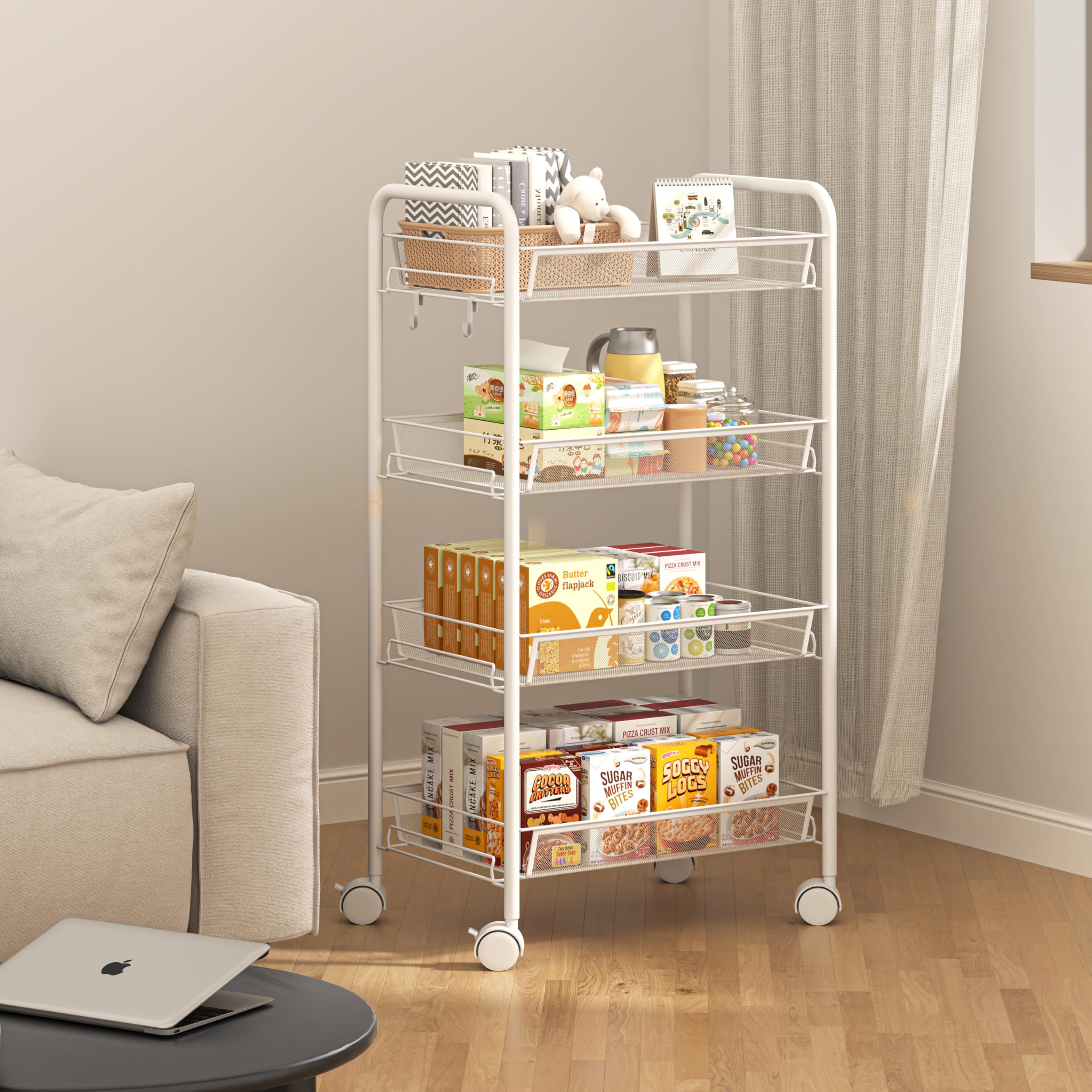 maxplore Carrello in metallo, 4 piani, carrello da cucina con manici, ruote bloccabili, per soggiorno, bagno, cucina, ufficio, bianco