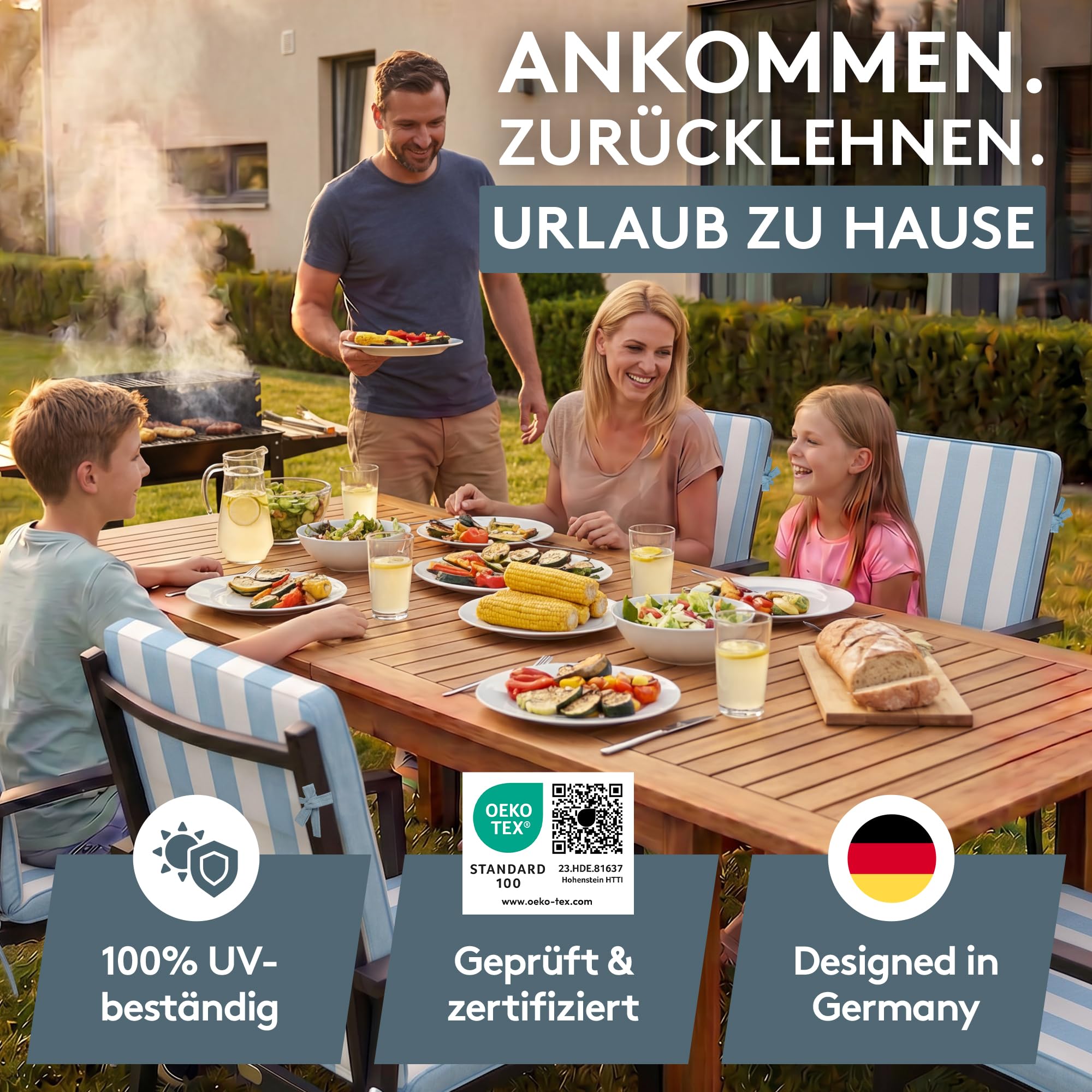 LILENO HOME Gartenstuhl Auflagen als [2er Set - Niedriglehner] in Blockstreifen Aqua - Bequeme Liegen als Sitzauflagen für Gartenmöbel - Stuhlkissen für Gartenstühle und Klappstühle Dub