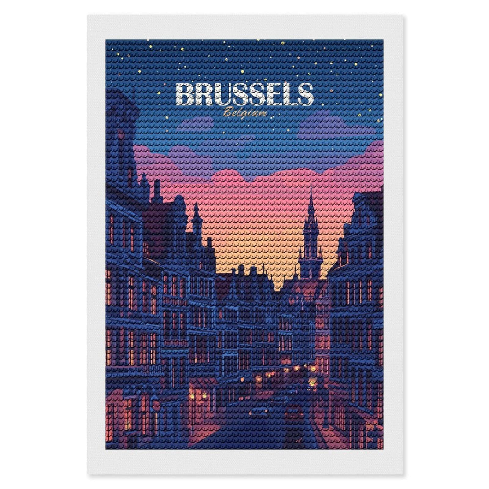 Junmoney Brussels Belgium Cityscape at Dusk Diamond Art Kit 8"x12", Modern Decor, for Adults, Printed Canvas, Holiday Gift Idea, Fun Craft Experience