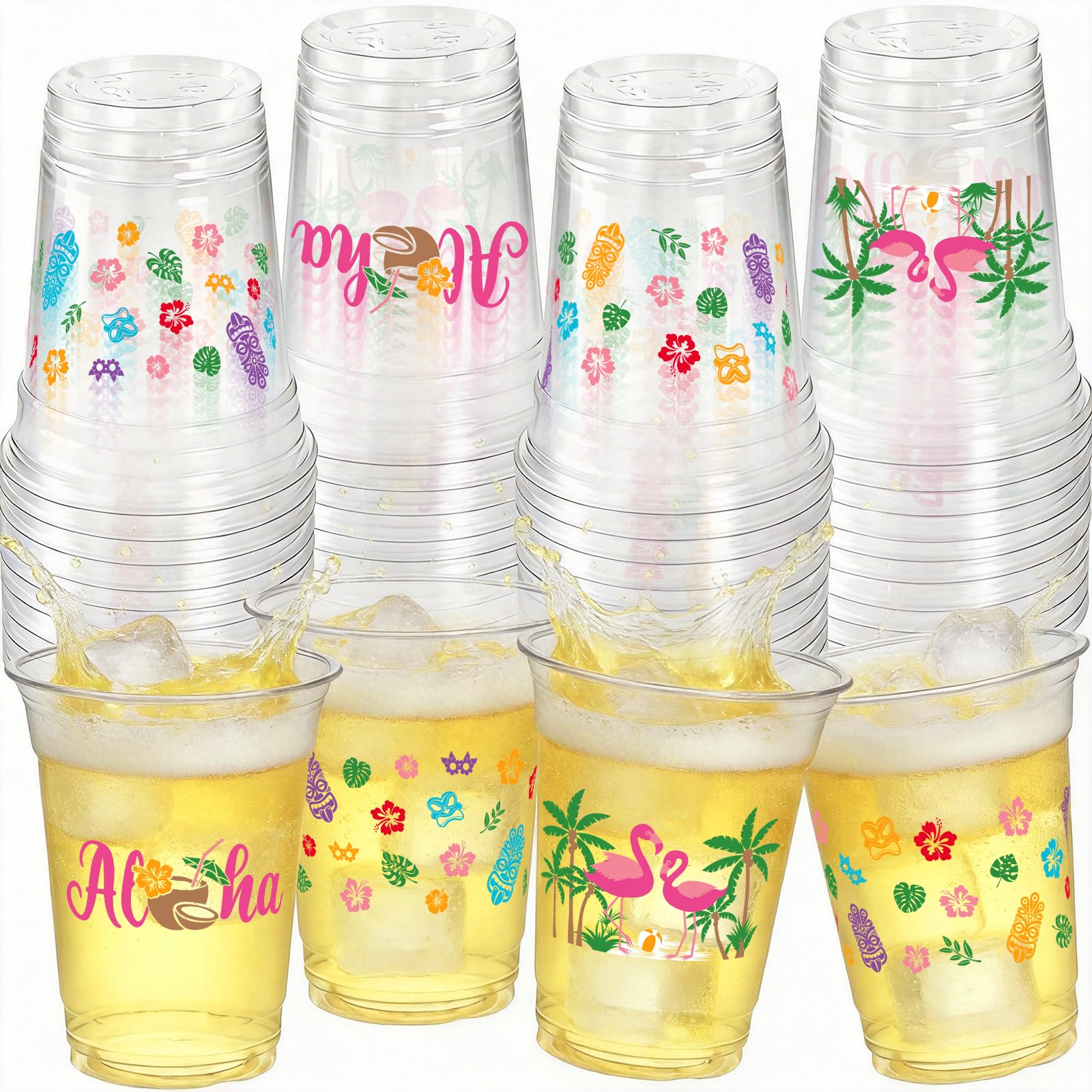 GuassLee 50 Luau Cups for Hawaiian Luau Party Decorations, 12 OZ Tiki Tropical Plastic Disposable Cups, Summer Cup for Pool Flamingo Tiki Birthday Party Decor Supplies