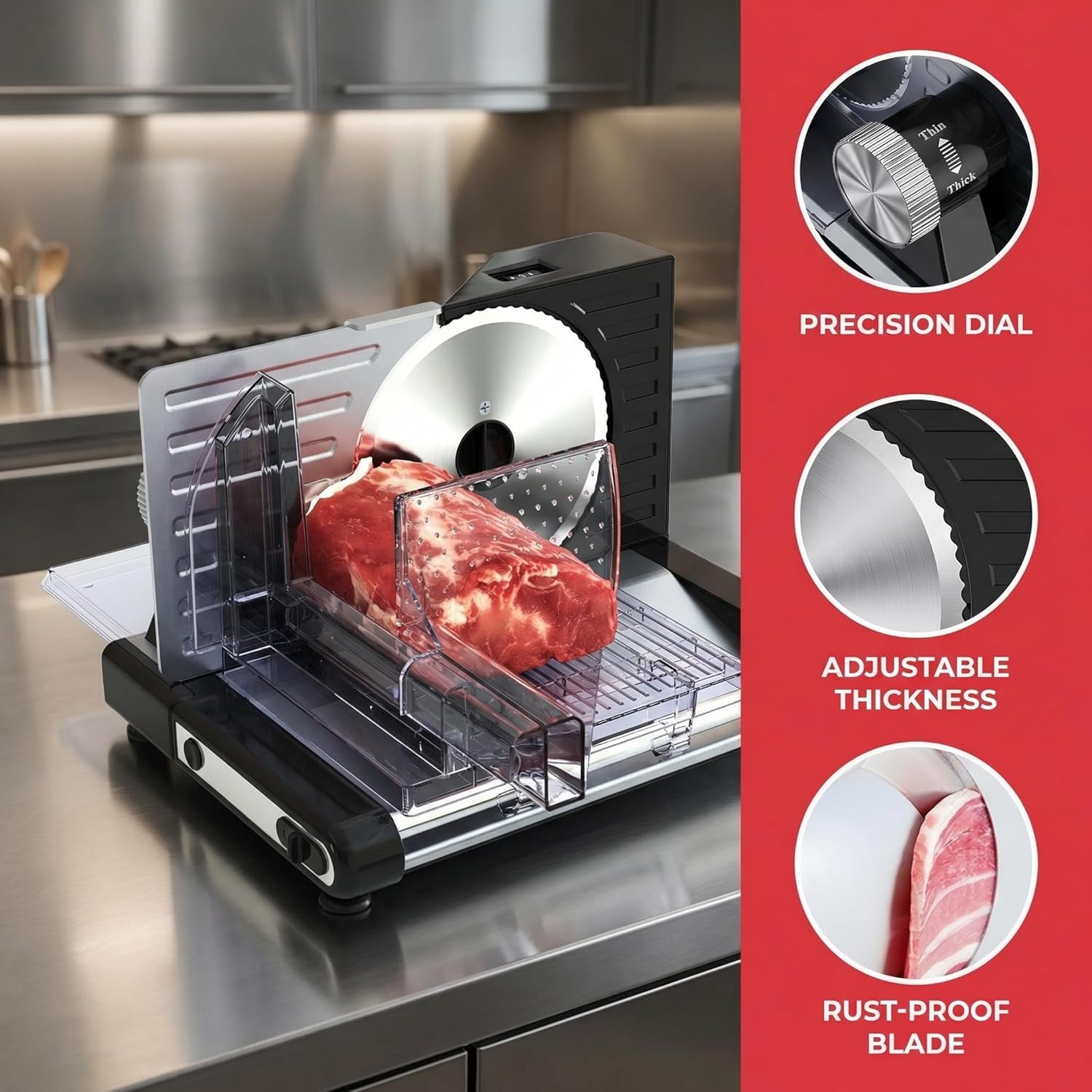 Meat Slicer Machine for Home, Foldable 120W Electric Jerky Food Slicer Adjustable 0-15mm Thickness for Frozen Deli Meat Cutter Cheese Bread Slicers, 7.5" Stainless Steel Blade & Food Pusher for Safety