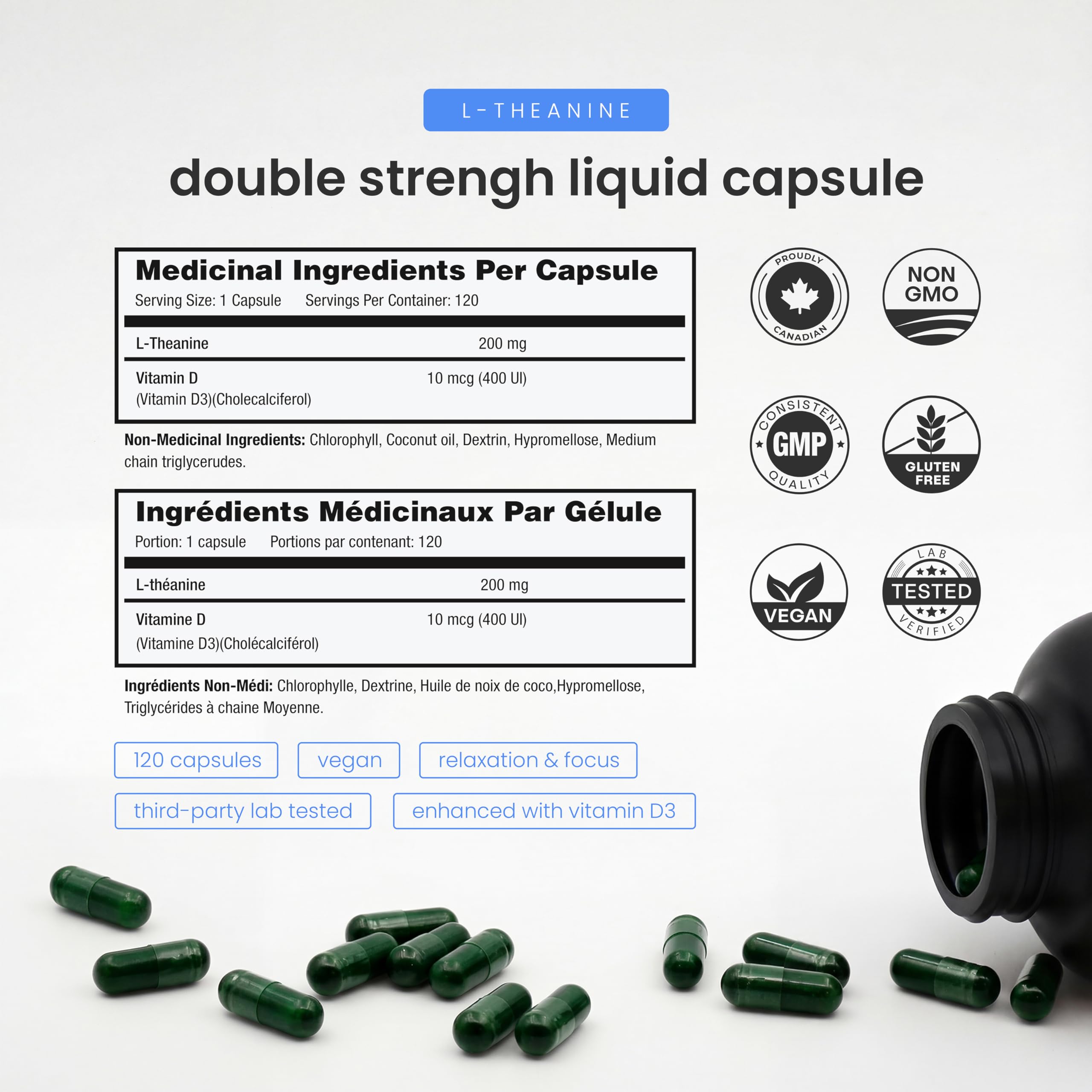 NutraChamps L-Theanine 200mg Capsules | Double-Strength L-Theanine Liquid with Vitamin D3, Organic Coconut Oil | Supports Mood, Focus, Stress Relief | for Kids & Adults | 120 Vegan Capsules — Amazon image 6