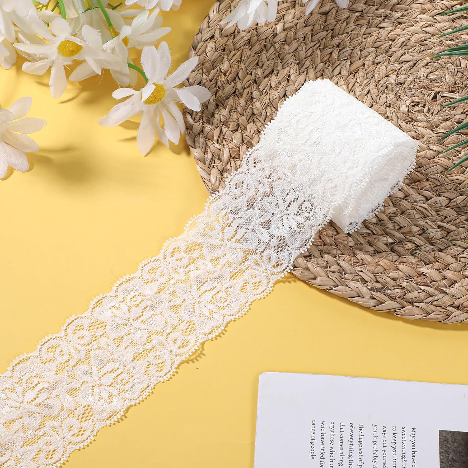White Lace Ribbon, 5-Yard Width Sewing Lace Trim 2.36 Inch Vintage Delicate Ribbons for Sewing Crafting Bridal Wedding Dress Applique Decorations Bag Package Bouquet Gift Wrapping