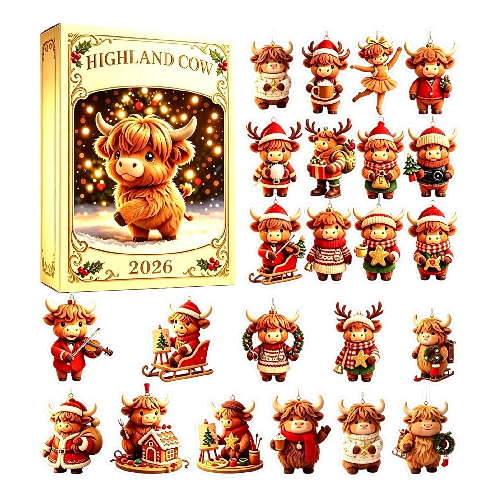 Countdown-Adventskalender 2D Niedliche Acryl 24 Box-Anhänger | Kuh Weihnachts-Countdown Für Kinder Mädchen Dezember Feiertagsparty 2026 Neujahr Freunde Zuhause Klassenzimmer Advent Typ A