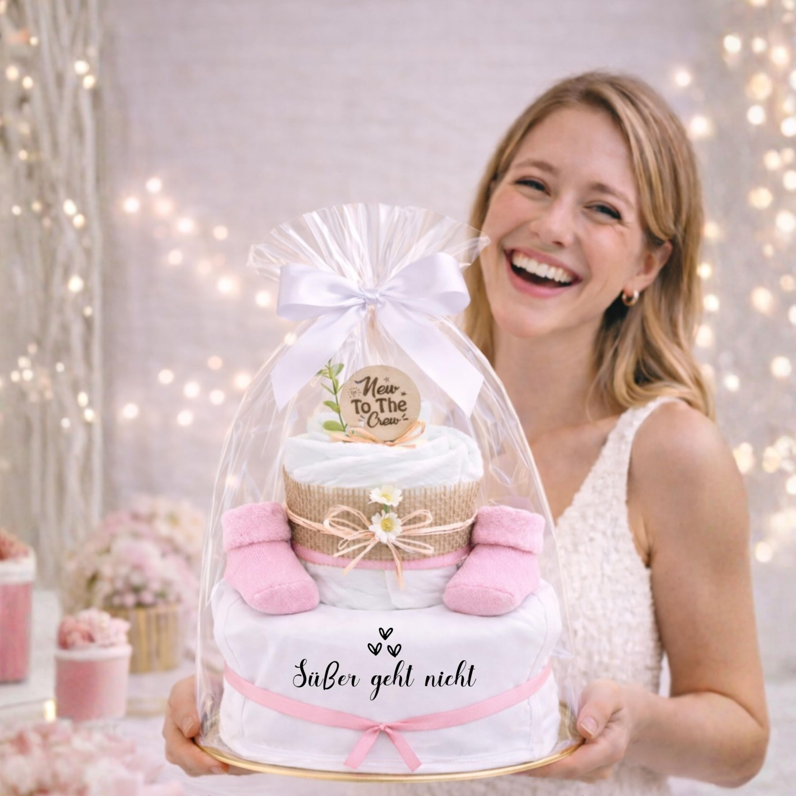 Trend Mama® | Windeltorte Mädchen Rosa – 27 Windeln Größe 2 – Babygeschenk zur Geburt – Babyshower Geschenk – Mit Babylätzchen & Babysocken – Geschenkset Erstausstattung (Design | Süsser geht nicht)