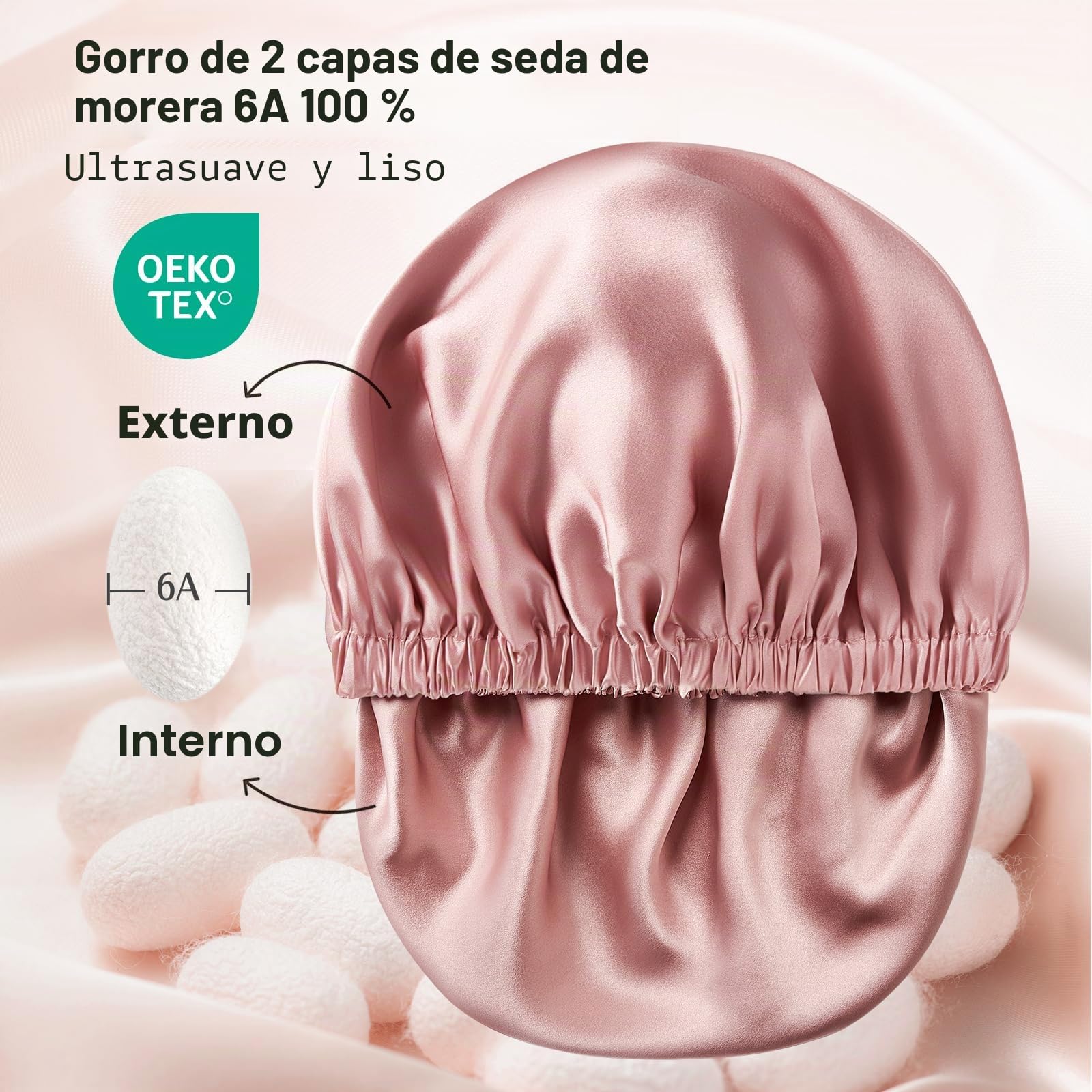 Umisleep 22 Momme Gorro de Seda para Dormir & Set de Aceite Capilar, Gorro de Noche 100% Seda de Morera, Transpirable y Ajustable, con 3 x 10 ml de Aceite Capilar Puro (Romero, Ricino y Argán)