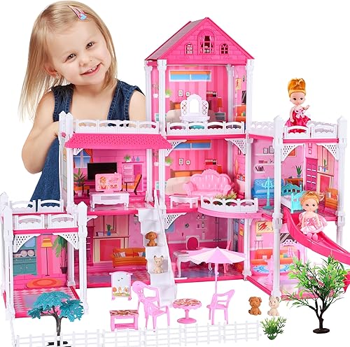 Casa de muñecas para niñas, casa de muñecas de 8 habitaciones con figura de muñecas, cachorros, muebles, accesorios, casa de juegos para niñas de 3,