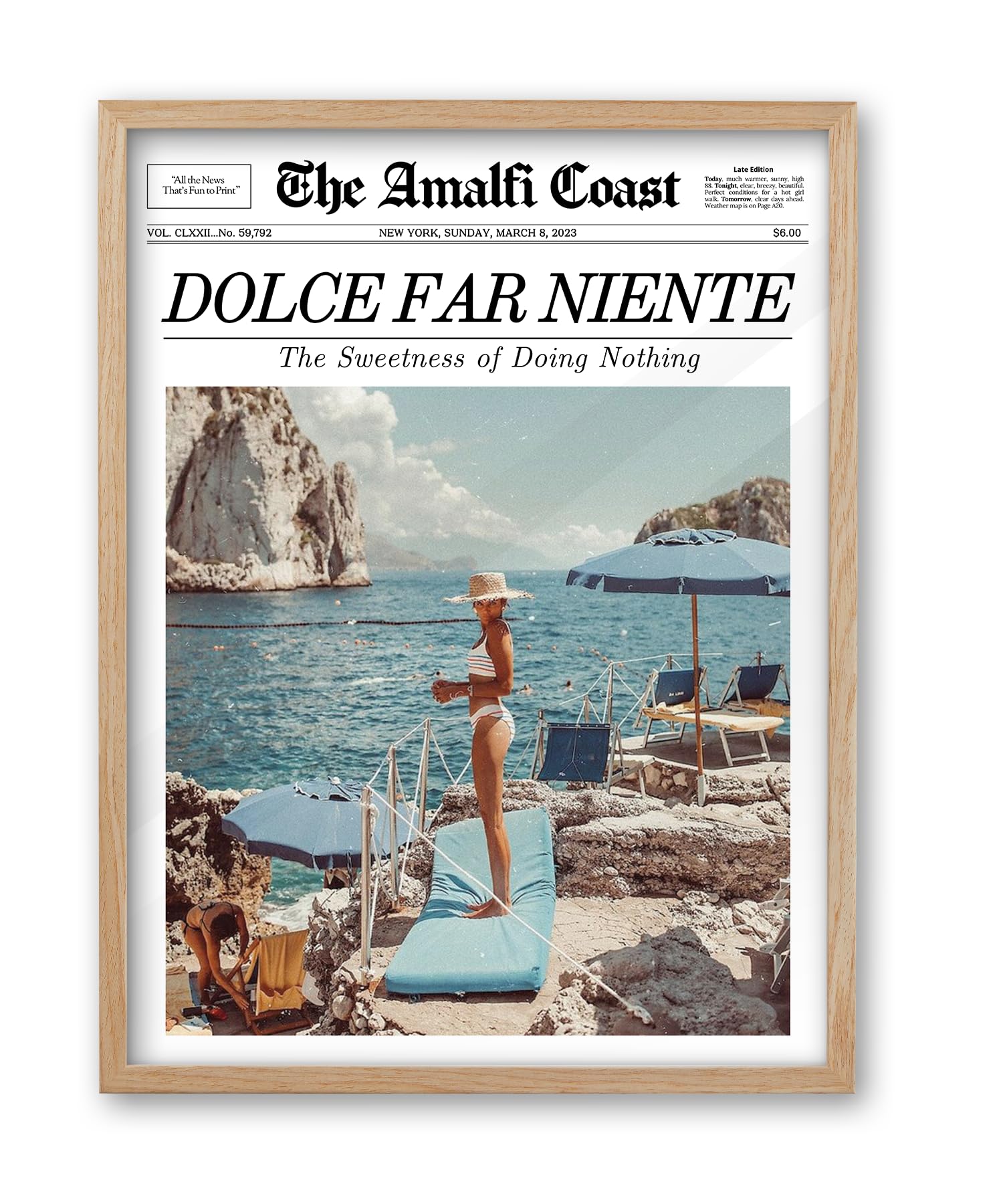 iHery Natural OAK Wood Newspaper Trendy Framed Wall Art, 12x16 in Dolce Far Niente Vintage Headline Canvas Print, La Dolce Vita Italian Summer Wall Art Beige Frame Logs, Home Décor Living Set of 1