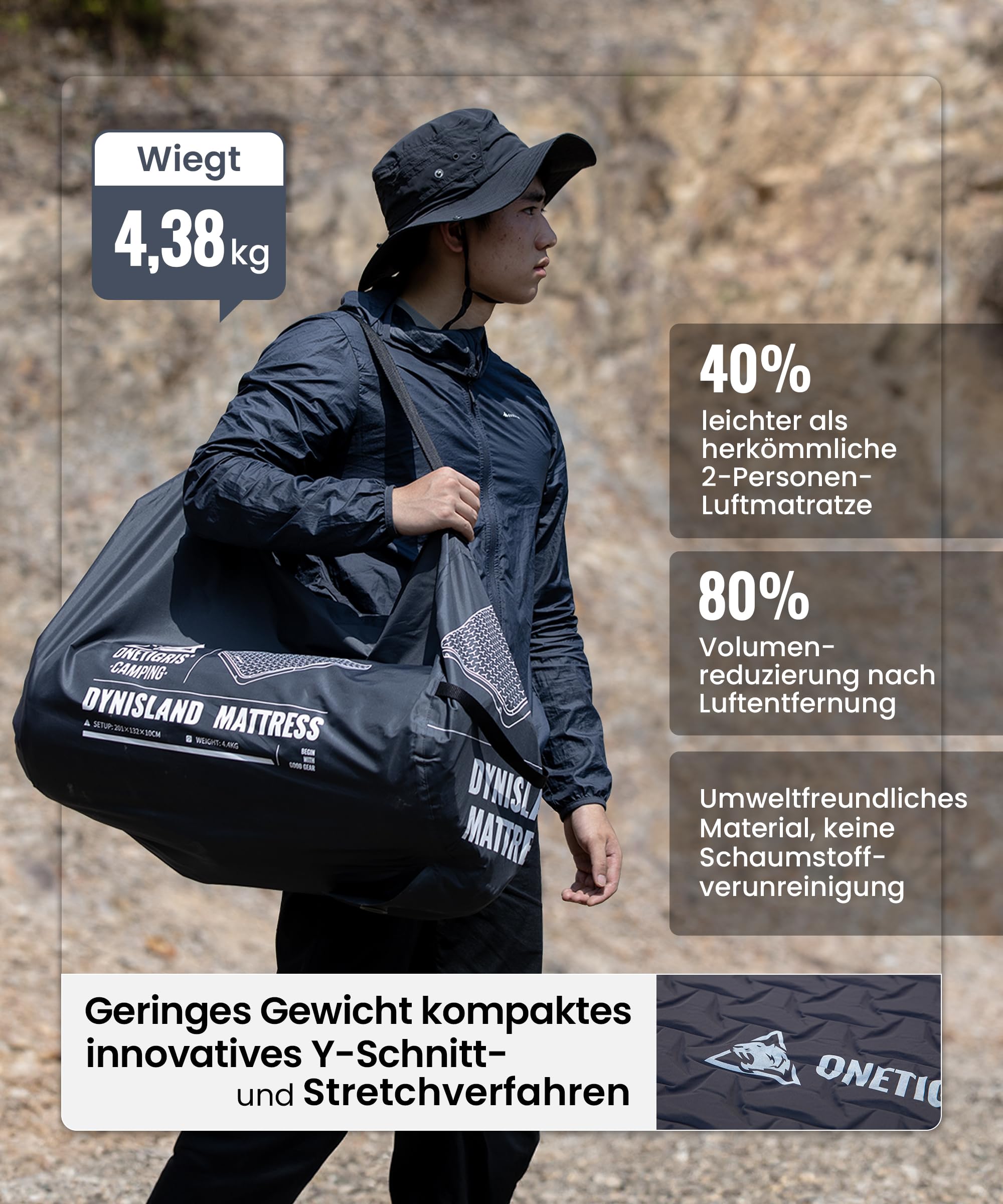 OneTigris DYNISLAND Luftmatratze selbstaufblasend mit hohem R-Wert, Luftbett 2 Personen, Gästebett aufblasbar Matratze mit Luftpumpensack, für Camping, Reise und Outdoor (132 × 201 cm)