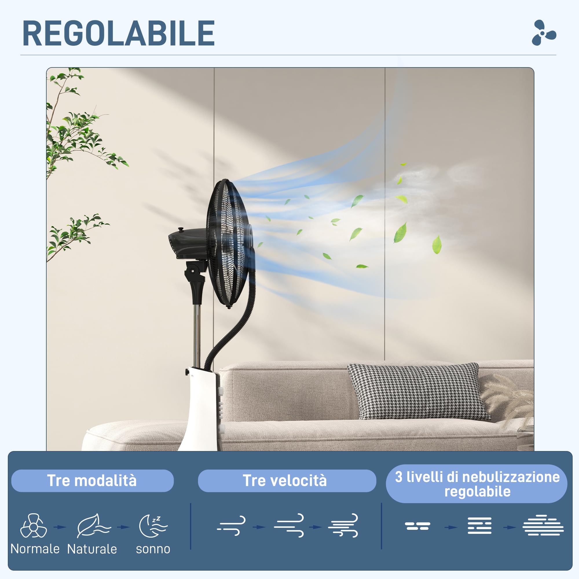 HOMCOM Ventilatore Nebulizzatore con Serbatoio 3L, Timer, 3 Modalità e 3 Velocità, Ventilatore a Piantana con Telecomando in Metallo e ABS, 44.5x38.5x120 cm, Bianco e Nero