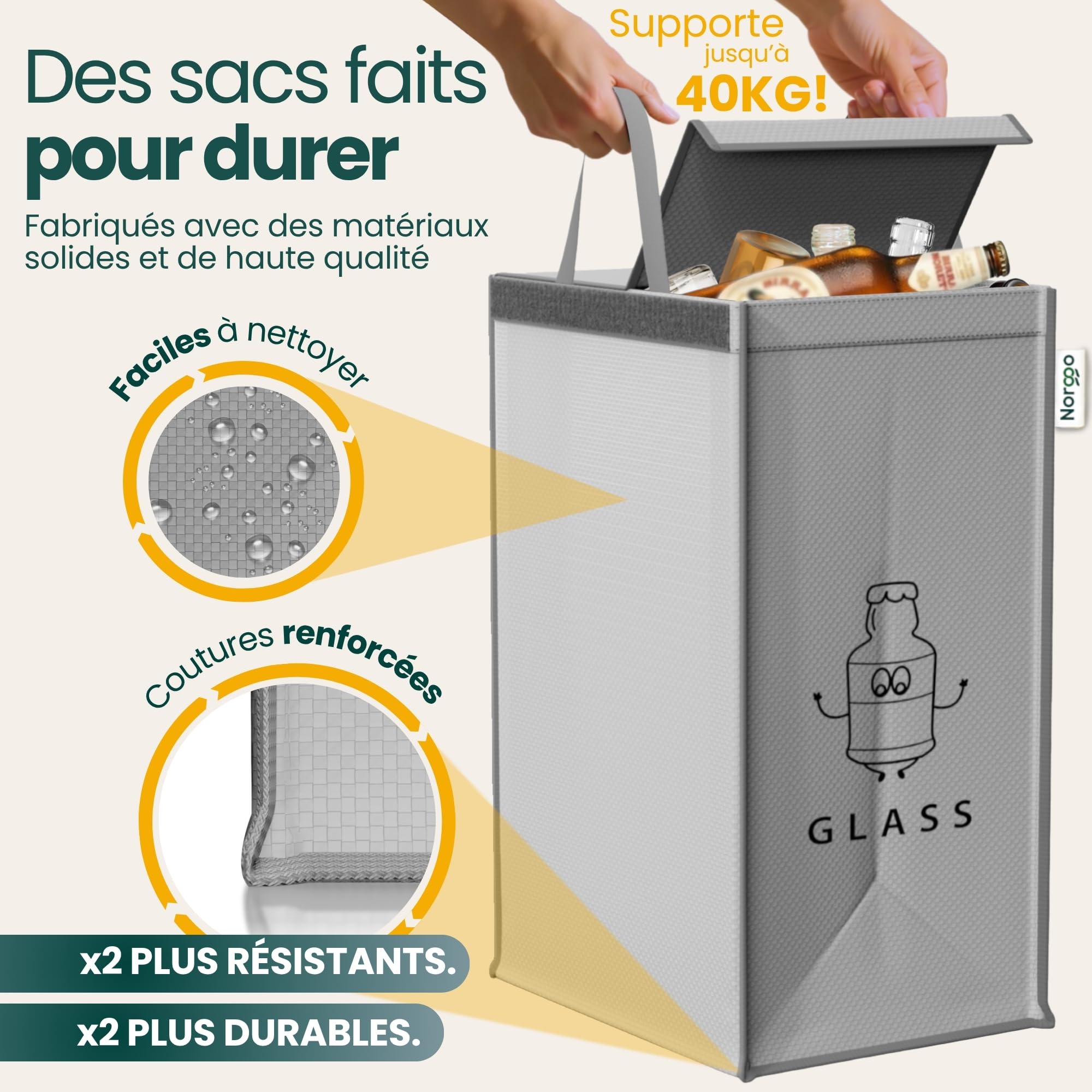 Poubelle tri selectif 3 bacs 40L - Sac tri selectif pour le plastique, le papier et le verre - Flexible poubelle de tri avec poignée - Bac de tri pour déchets et recyclage