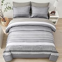 Vista 3 de KAKIJUMN Juego de Cama en una Bolsa de 5 Piezas a Rayas Tamaño Twin, Juego de Edredón y Sábanas a Rayas de Retazos Blanco y Gris, Juego Completo