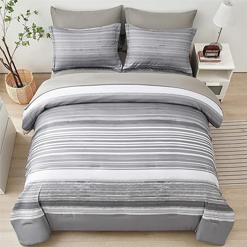 Miniatura 3 de KAKIJUMN - Juego completo de edredón y sábanas de 5 piezas en una bolsa, para todas las estaciones, de microfibra suave, diseño de rayas y retazos