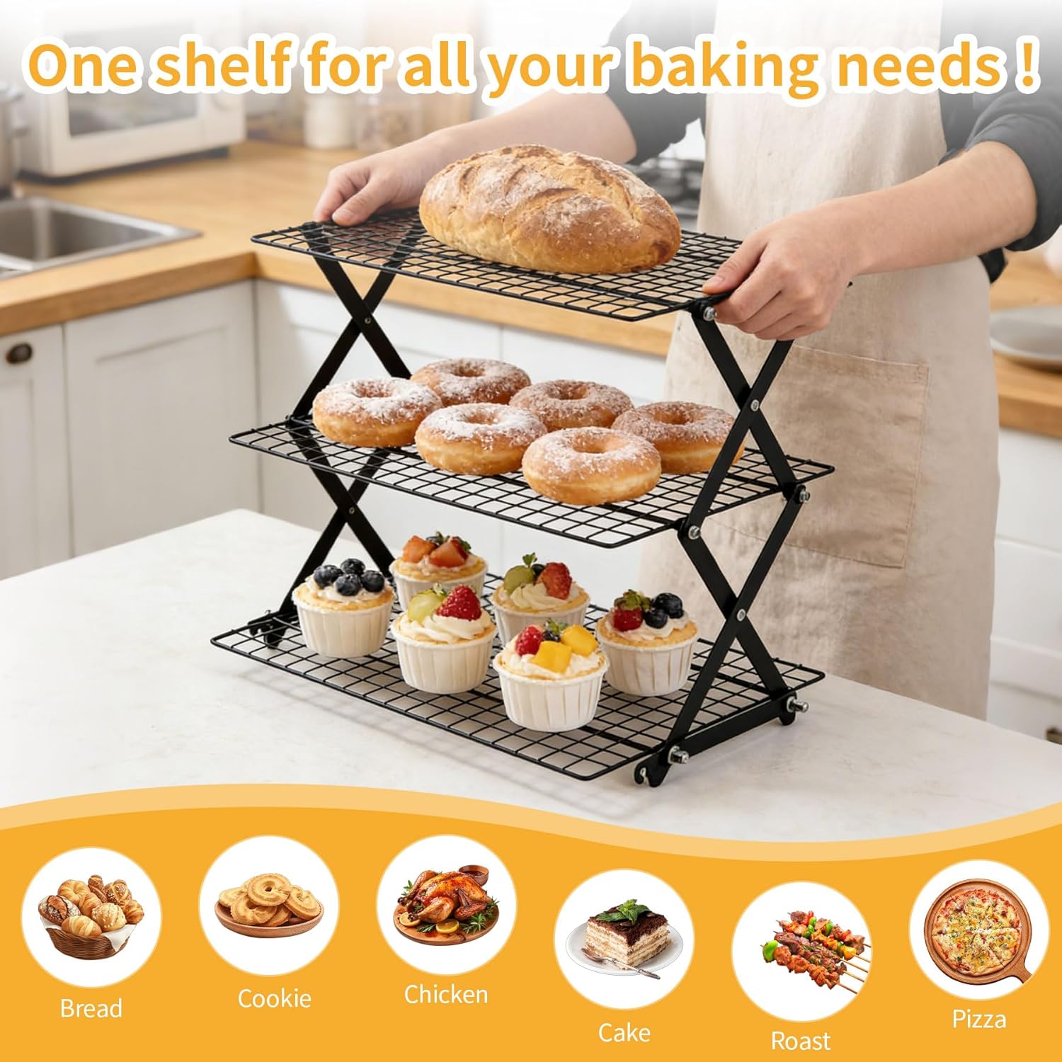 3-Tier Collapsible Cooling Rack with 3-Setting Design, Heavy-Duty Steel Baking Rack for Oven Safe Cooking & Space-Saving Storage