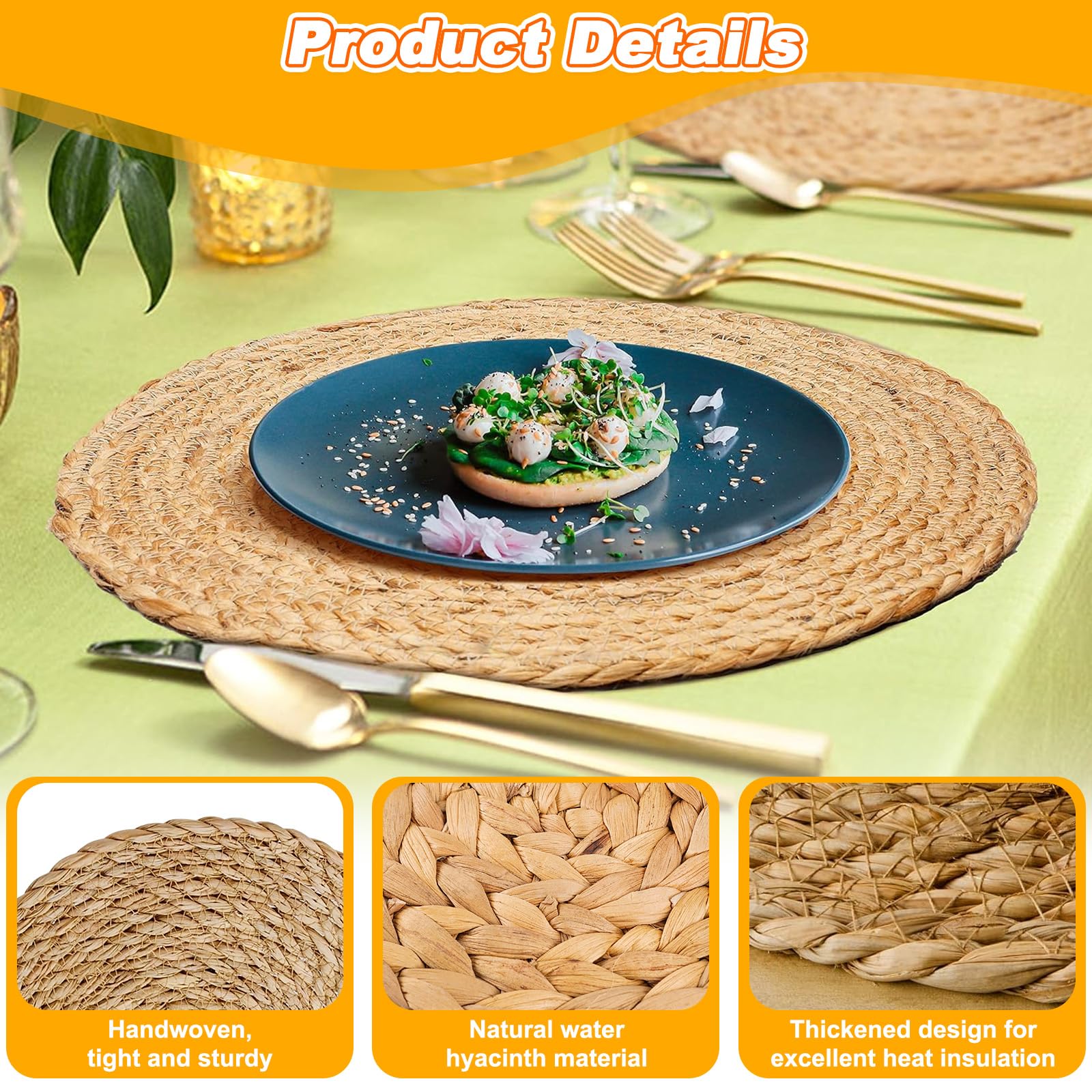 6 Sottopiatti Rotondi Eleganti Vimini, Tovagliette Rotonde Giacinto D'Acqua Paglia Naturale 30cm, Sottopiatto Intrecciato Rotondo Bohémien Centro Tavola Elegante per Tavolo da Pranzo, Casa, Matrimoni