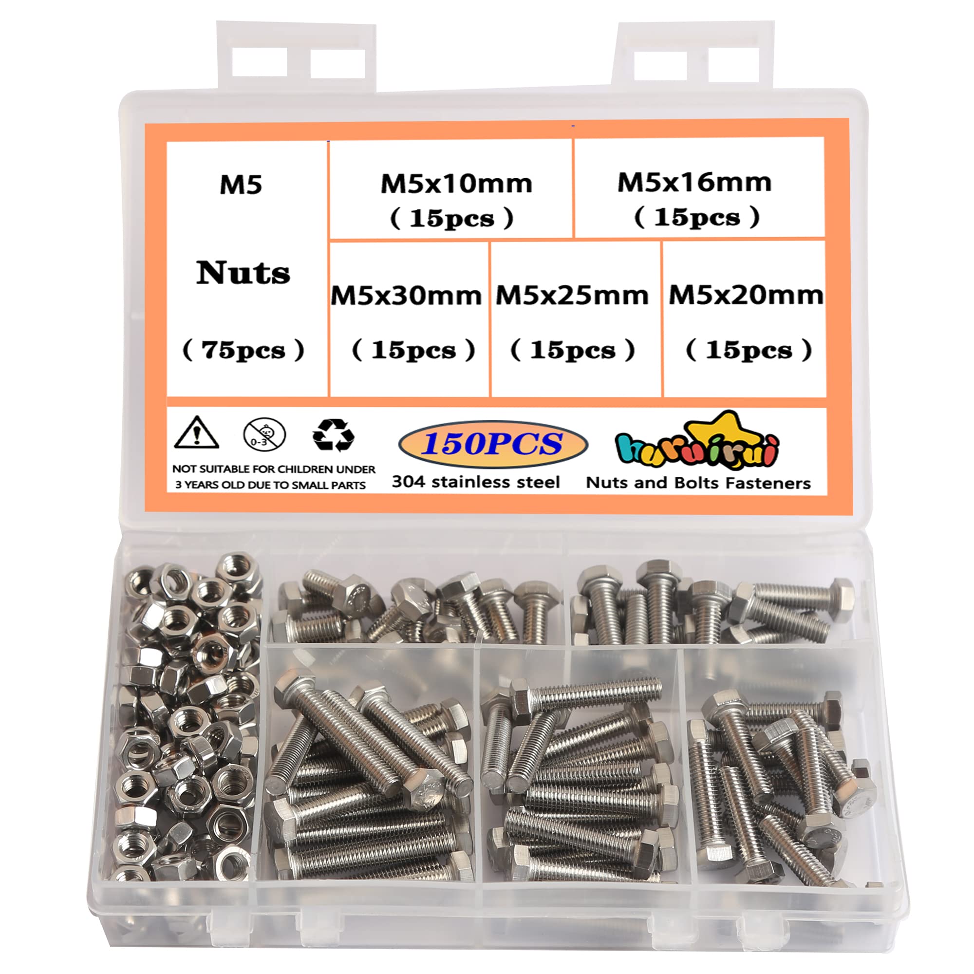 huruiruiM5 Nuts and Bolts-304 Stainless Steel Screws and Nuts Set - Rustproof, Full Assortment of Hex Bolts Set for Durable and Perfect for Indoor and Outdoor Use 150PCS