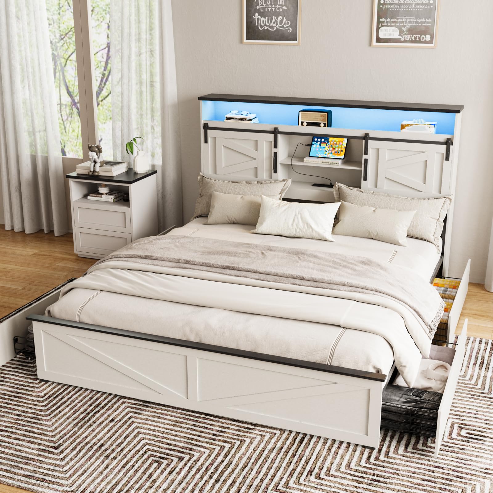 fameill farmhouse king size bed frame with 4 drawers and bookcase headboard sliding barn door storage shelves led lights and charging station no box spring needed antique white