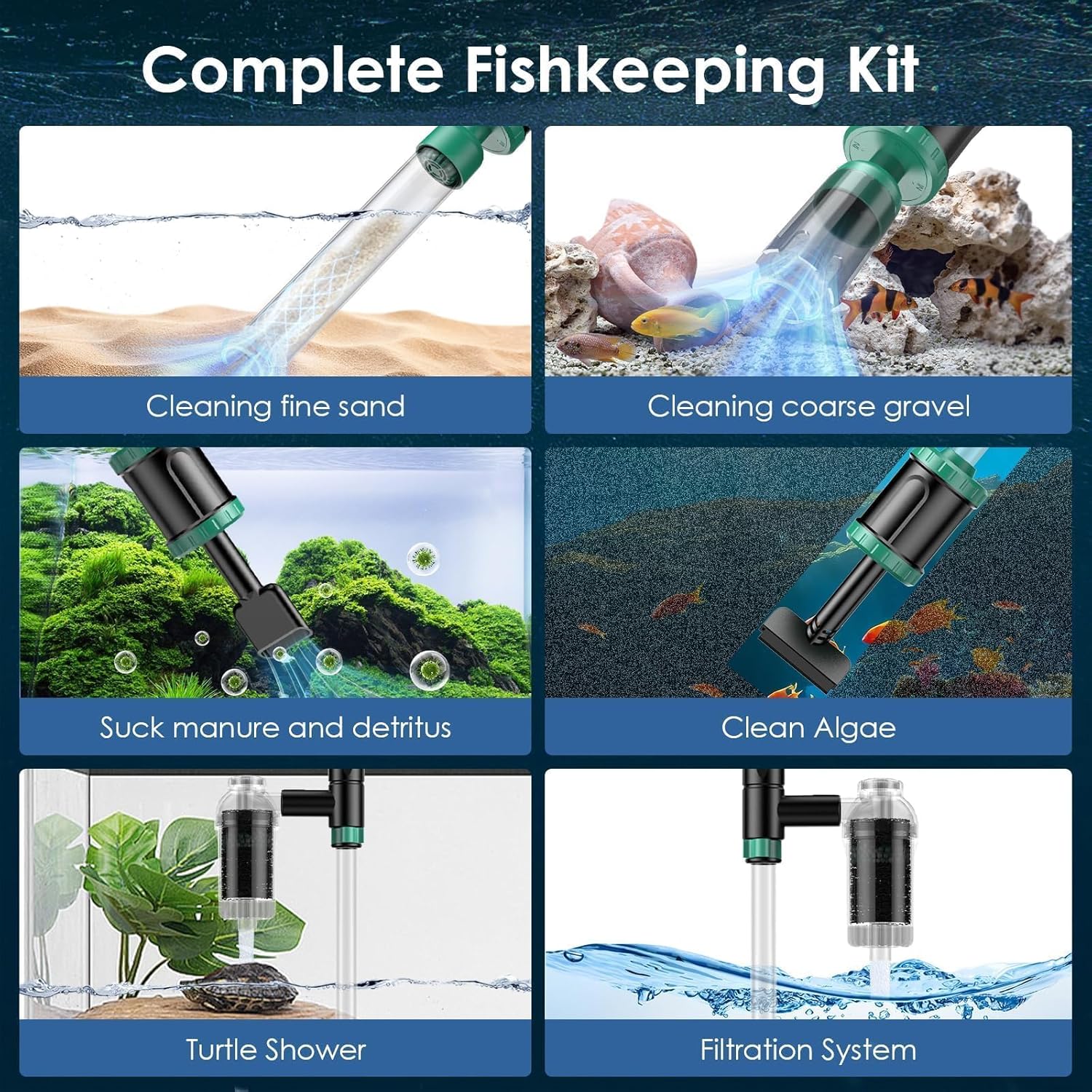 AKKEE Aquarium Vacuum Gravel Cleaner, 36W Electric Fish Tank Cleaner Vacuum, 8 in 1 Multifunctional Aquarium Cleaner for Automatic Water Change, Wash Sand, Water Circulation and Timed Off, Green