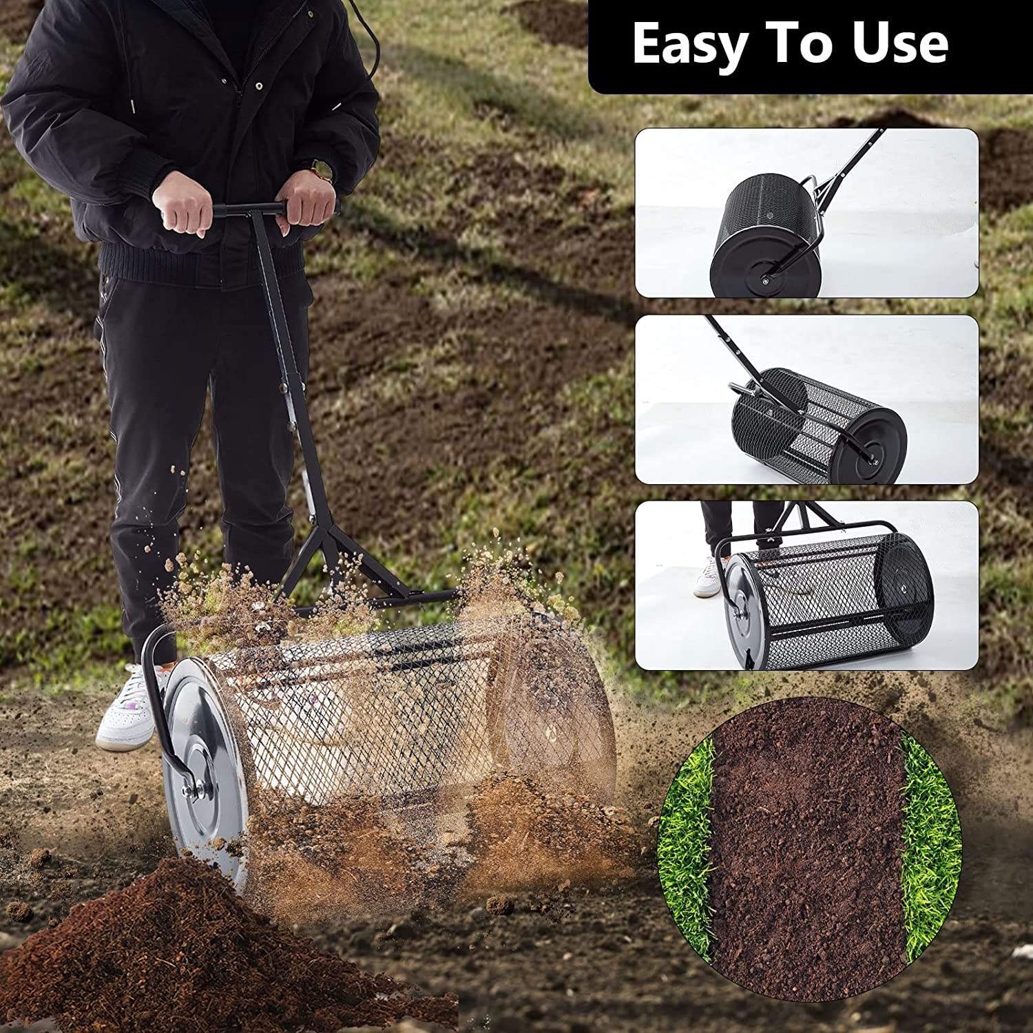 Esparcidores de jardín, esparcidor de rodillo de malla metálica resistente de 24 pulgadas, abono, turba, tierra vegetal, mantillo para jardín, esparcidor de abono con canasta de malla metálica, pos
