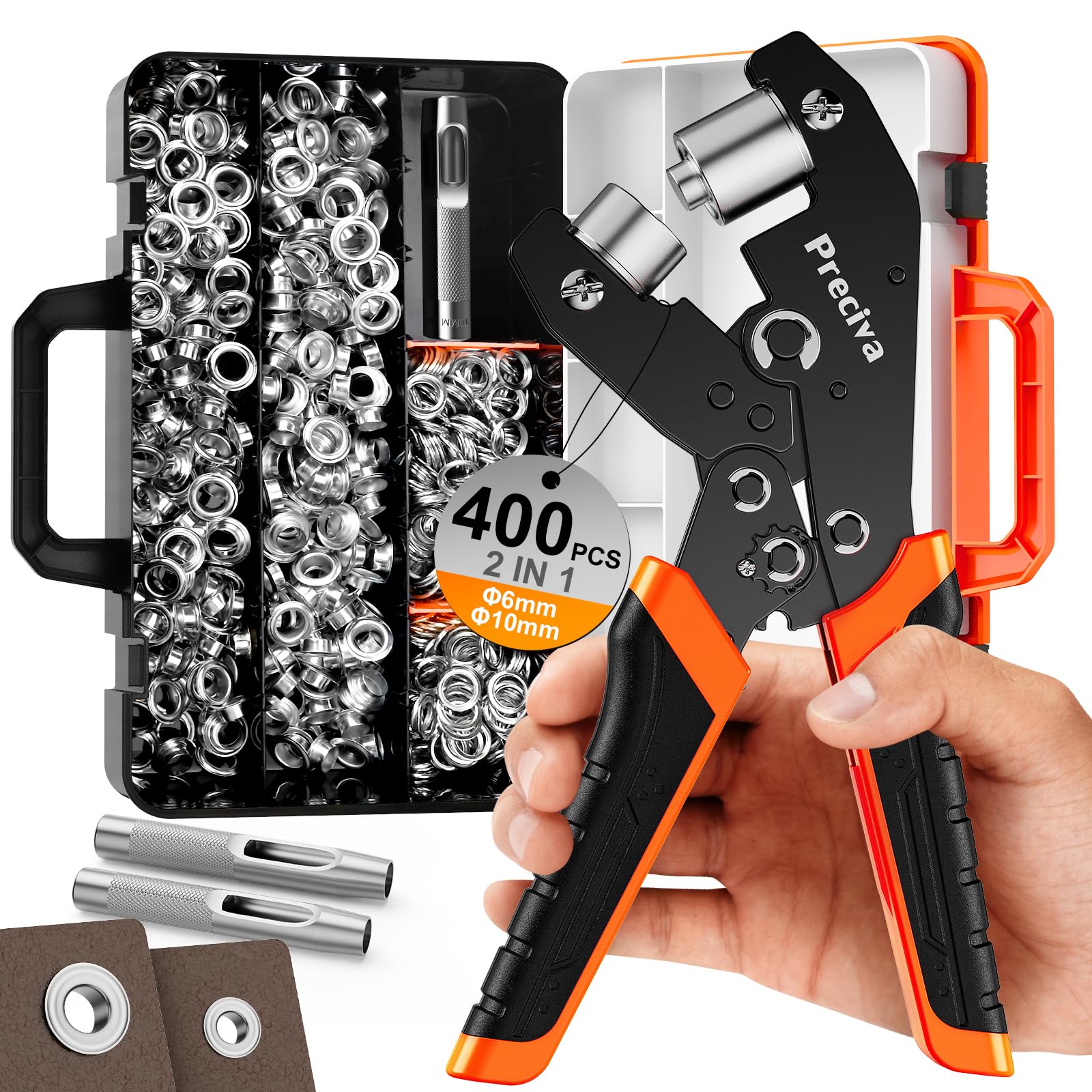 Preciva Pince à Oeillet, avec 400pcs 6+10mm Oeillet Couture, Poincon et Boîte à Outils, Mâchoires de Serrage Magnétiques à Changement Rapide Convient aux Bannière en PVC, Bâches, Tissus de Tente