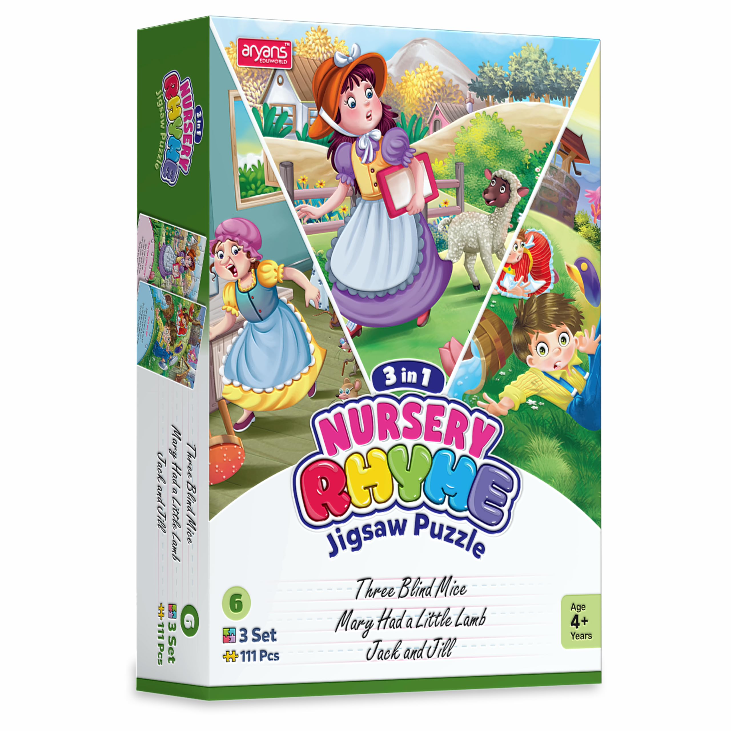 Nursery Rhyme Jigsaw Puzzle for Kids| Set of 3 Rhymes| 111 Pcs Puzzle| Three Blind Mice, Mary Had A Little Lamb, Jack & Jill| Edu Puzzle for Girls & Boys| Age 4+
