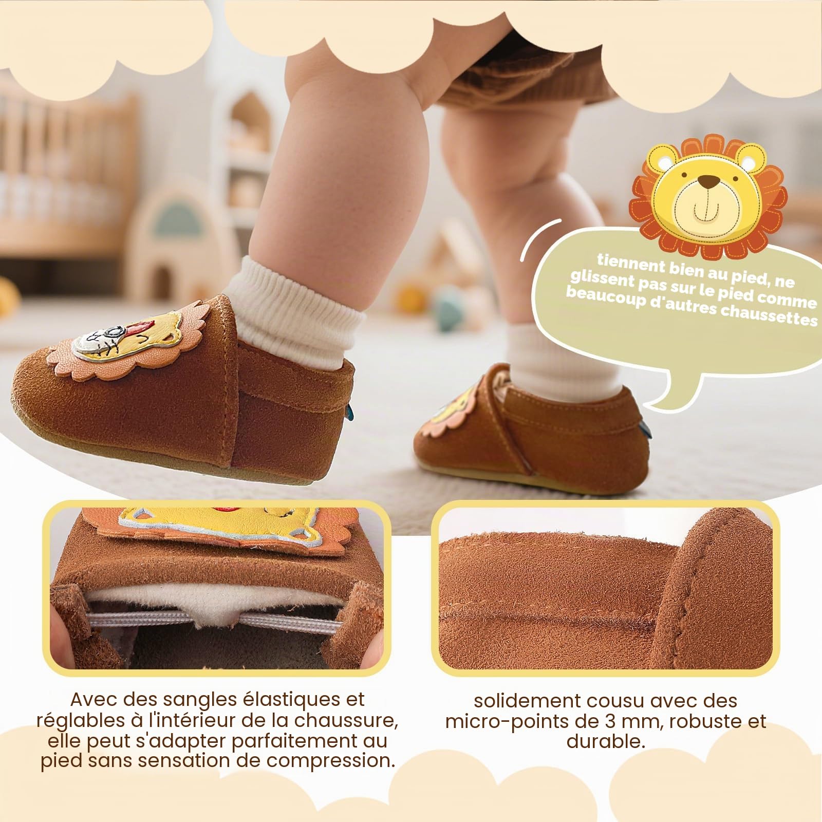 Chaussures pour bébé - Antidérapantes - En cuir souple - Respirantes - Avec élastique - Pour la maison, la crèche