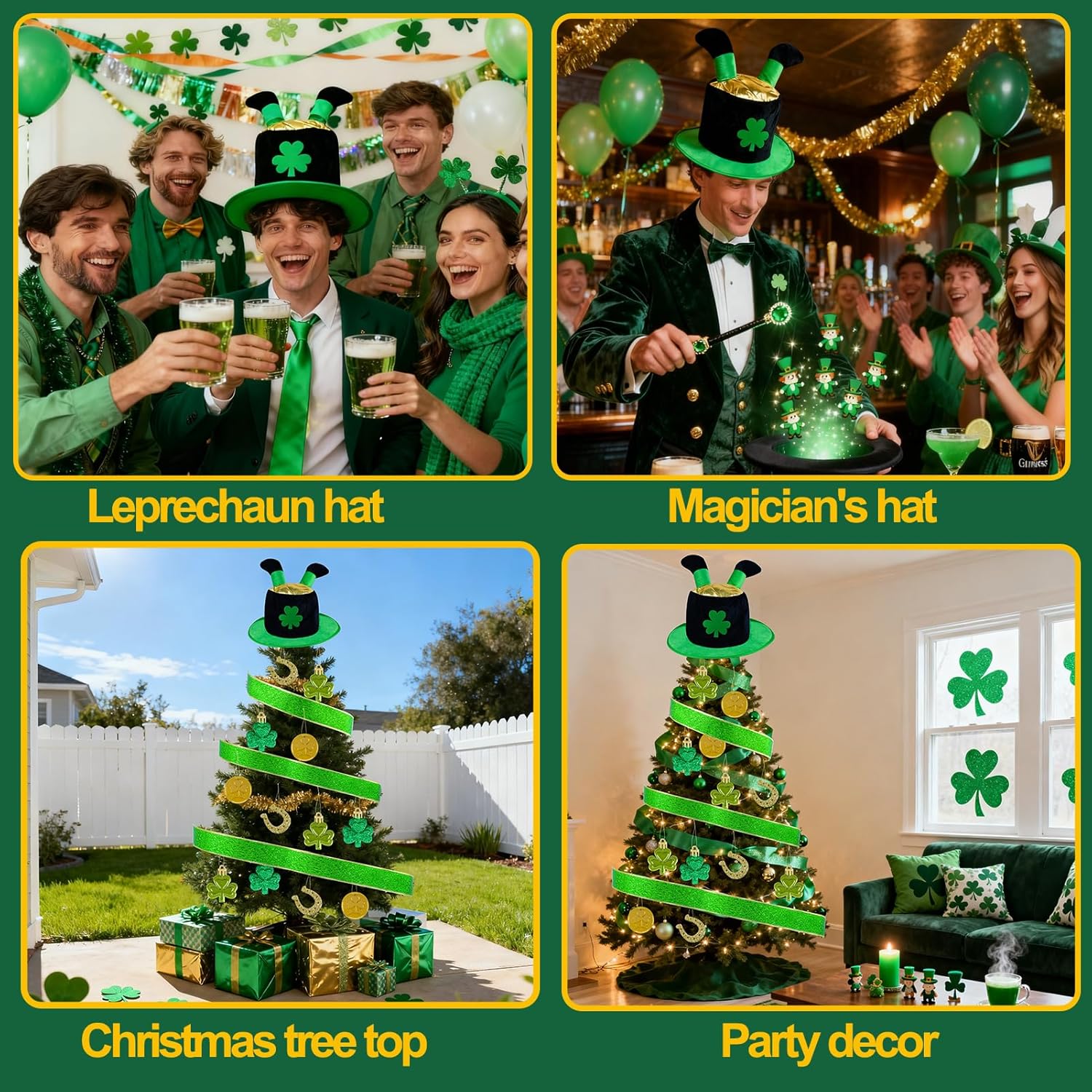 38Pcs St Patricks Ornaments for Tree St. Patrick Day Tree Topper Hat Green Shamrock Top Hat Coins Ribbon Hanging Ornaments for Saint Patricks Day Trees Home Party Decor