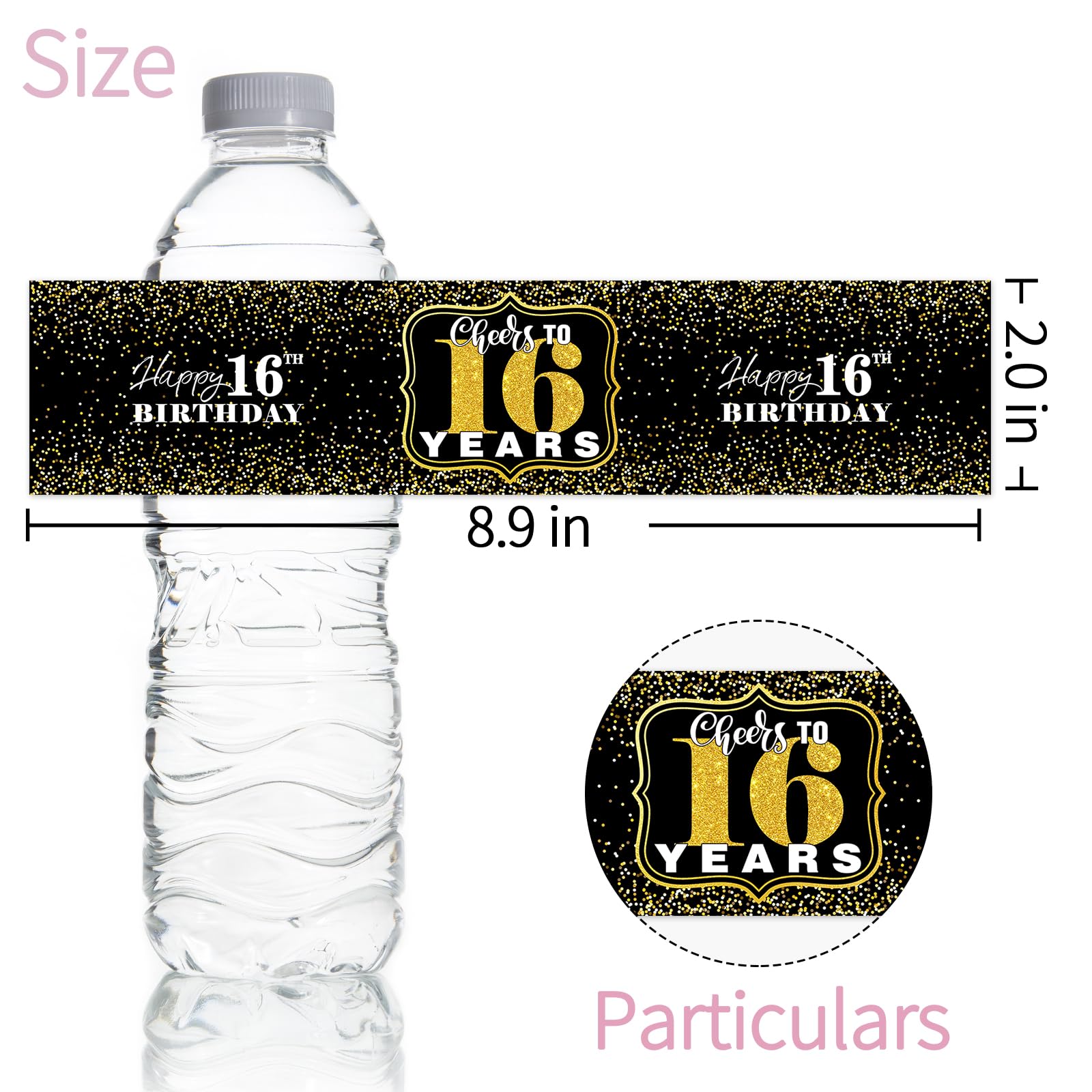 Maicaiffe Happy 16th Birthday Water Bottle Stickers, 16 Years Old Birthday Water Bottle Label, Sweet 16 Birthday Party Decorations, Cheers to 16 Years Party Stickers Supplies 32 Stickers Gold