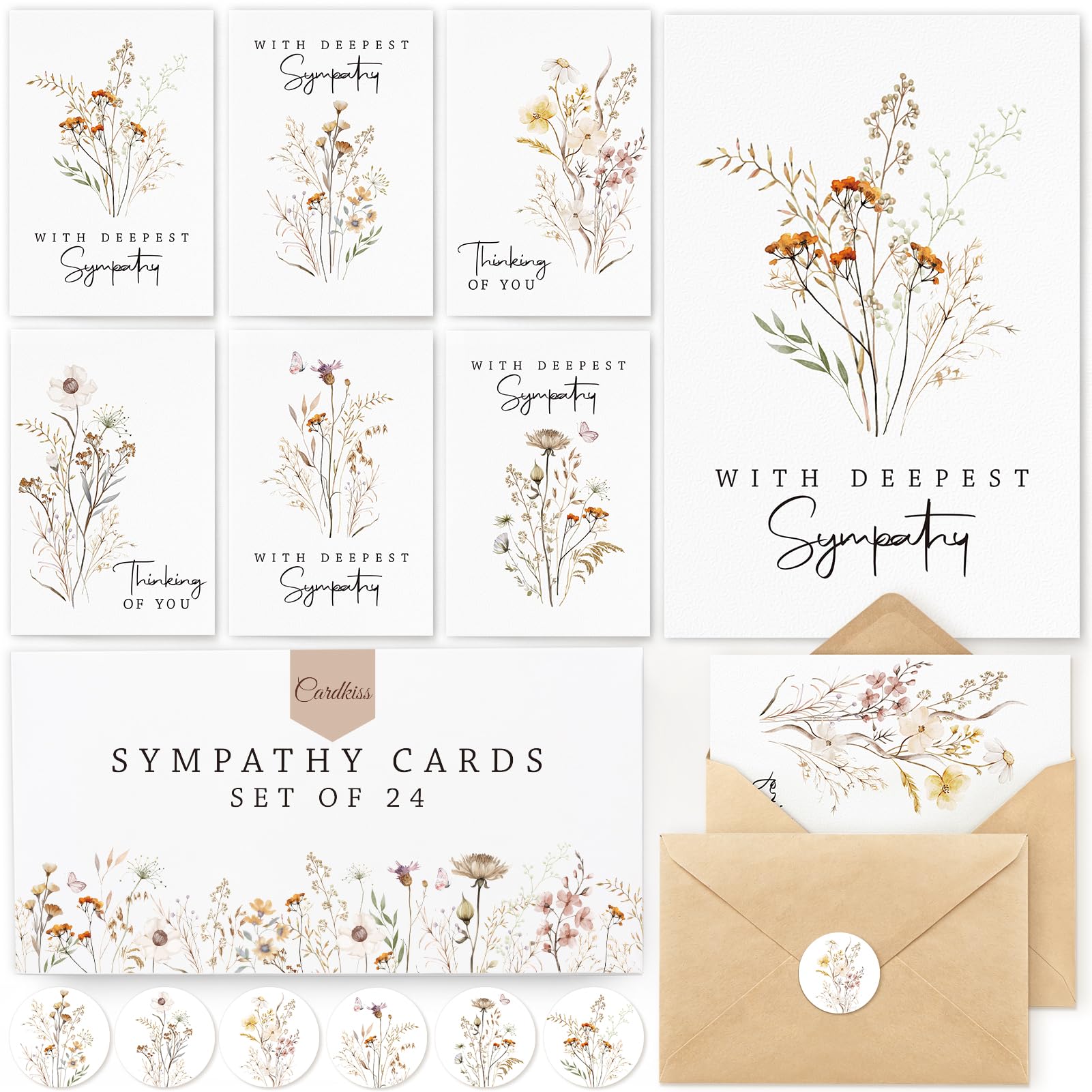 Cardkiss 24 Pcs Sympathy Cards with Envelopes, Bulk Condolence Cards with Thoughtful Messages with Envelopes and Stickers, 6 Unique Wildflowers Watercolor Designs
