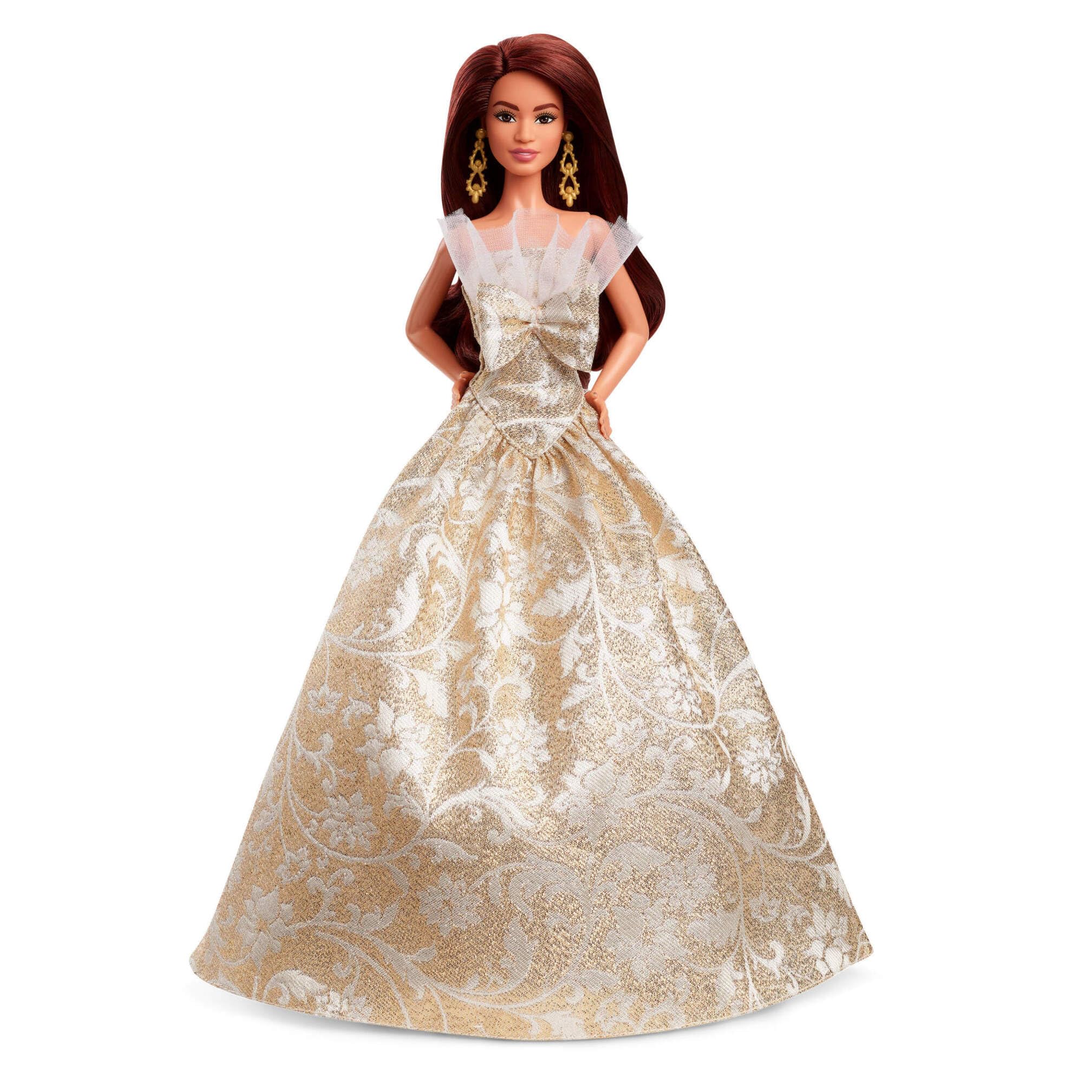 Barbie Signature, 2025 Holiday Dark Brown Hair Fashion Doll Wearing Silver & Gold Gown - Image 4