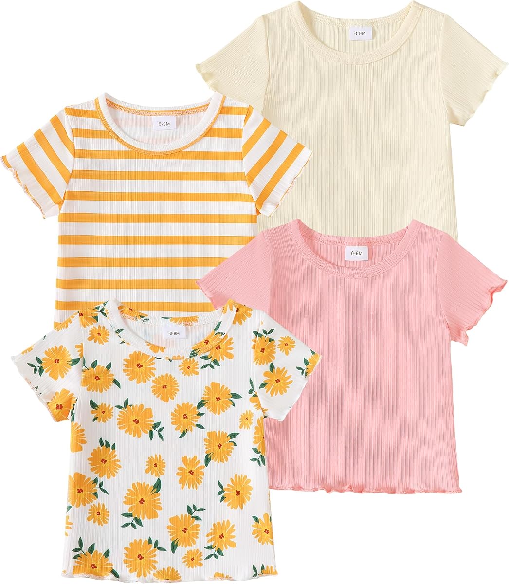 4-Pack Toddler Baby Girl Shirts Multi-Color Crewneck Basic Tees