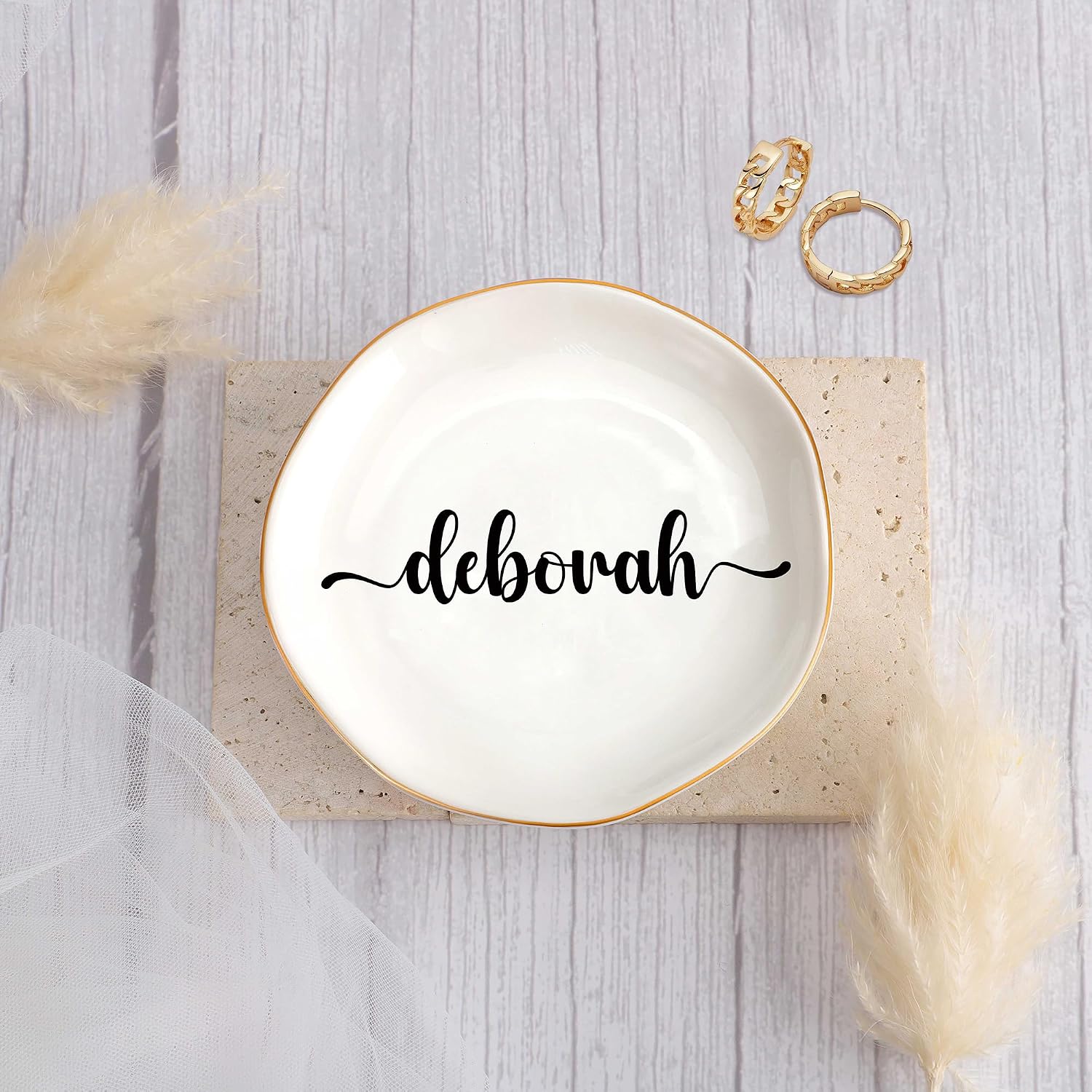 JoycuFF Deborah Personalized Name Ceramic Jewelry Tray, Mothers Day Christmas Anniversary Engagement Birthday Gifts for Women Couples, Trinket Dish for Rings Earrings Necklaces Bracelets Keys image 2