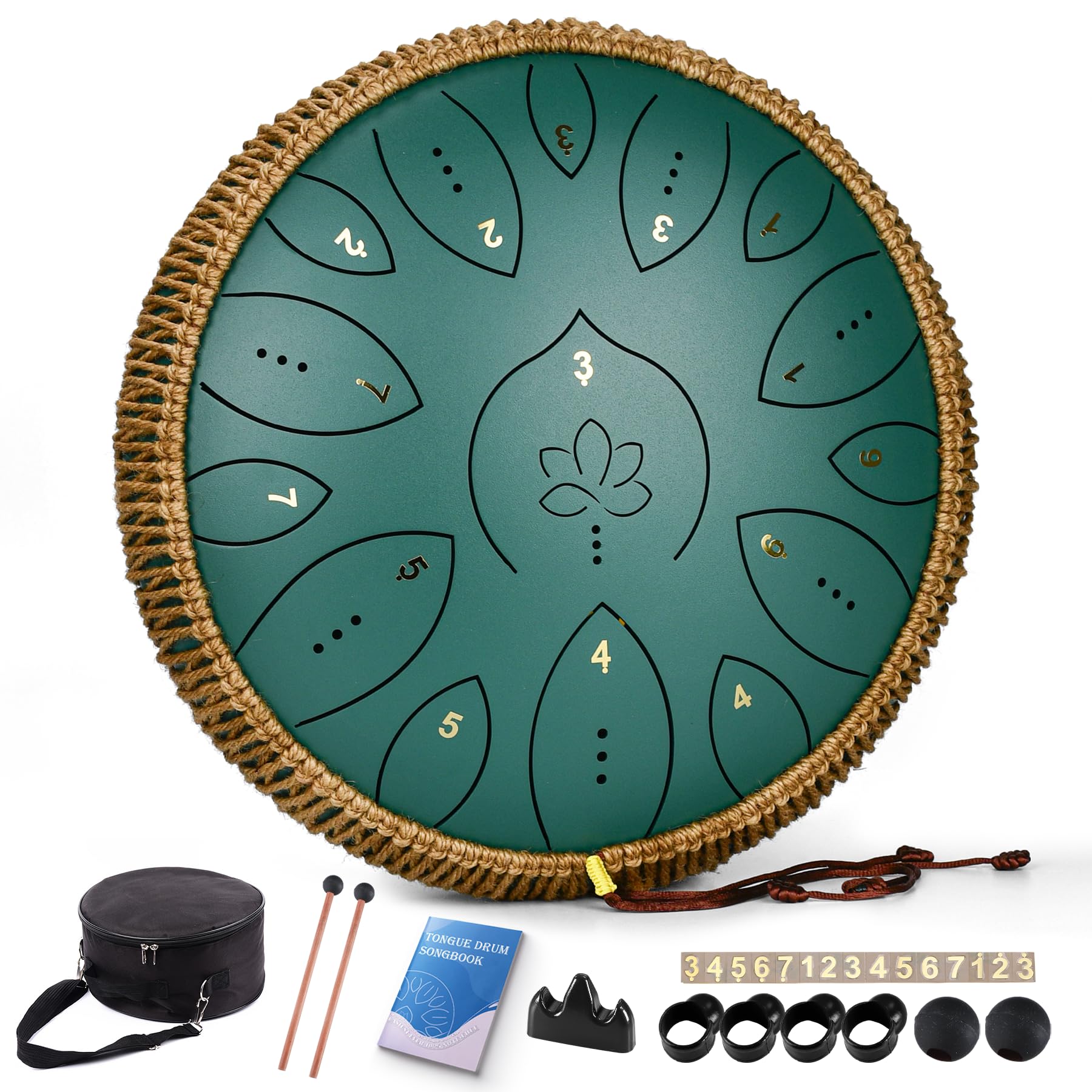 Steel Tongue Drum 13 Inches 15 Notes, Hand Pan Drums for Adults 440hz, C Major Handpan Musical Instrument with Song Book, Mallets and Carry Bag, Green