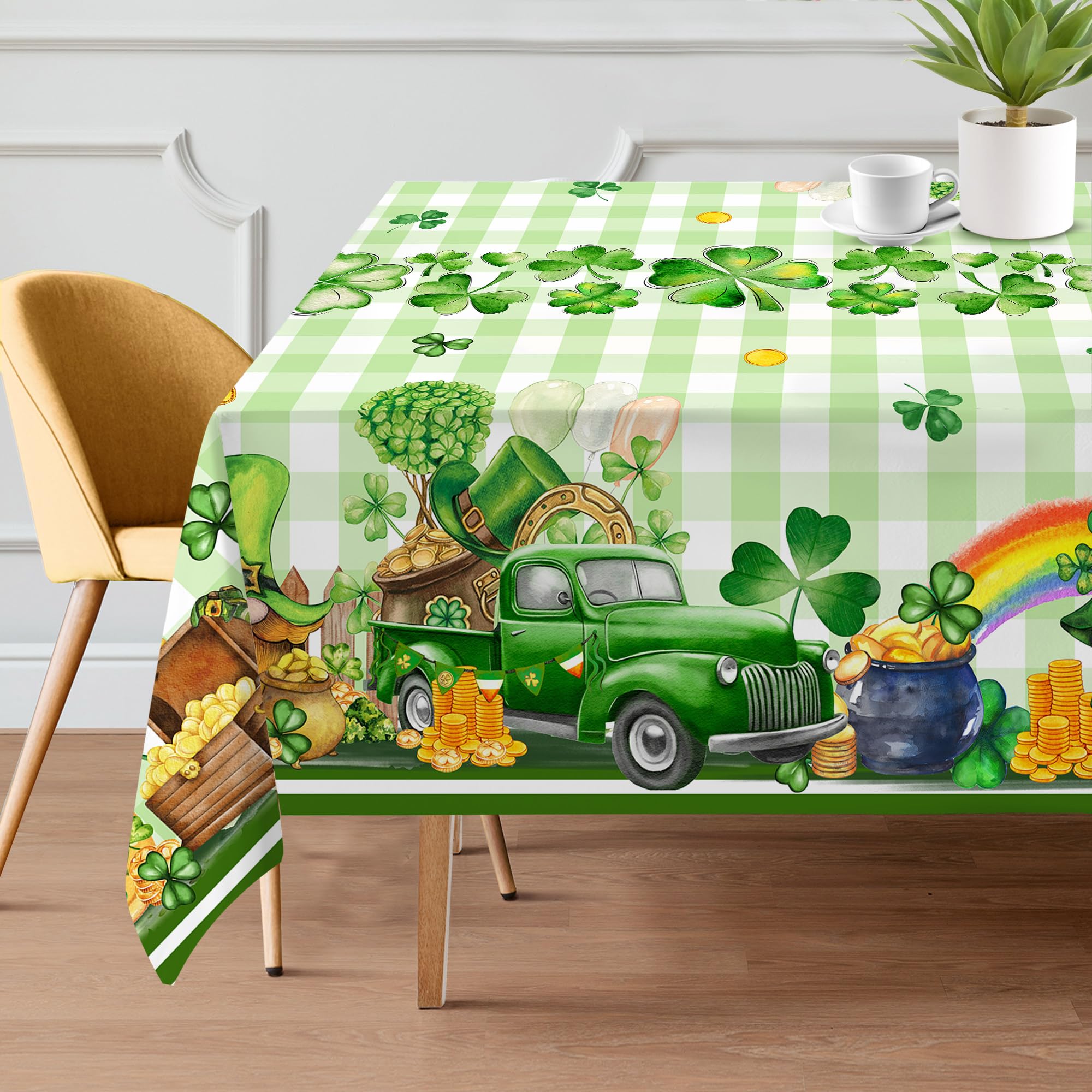 cusugbaso St Patricks Tablecloth 52x70 Inches - Plaid Truck Gnomes St Patricks Day Decorations for The Home - Water Resistant Green Spring Table Cloth Rectangle for Party, Table